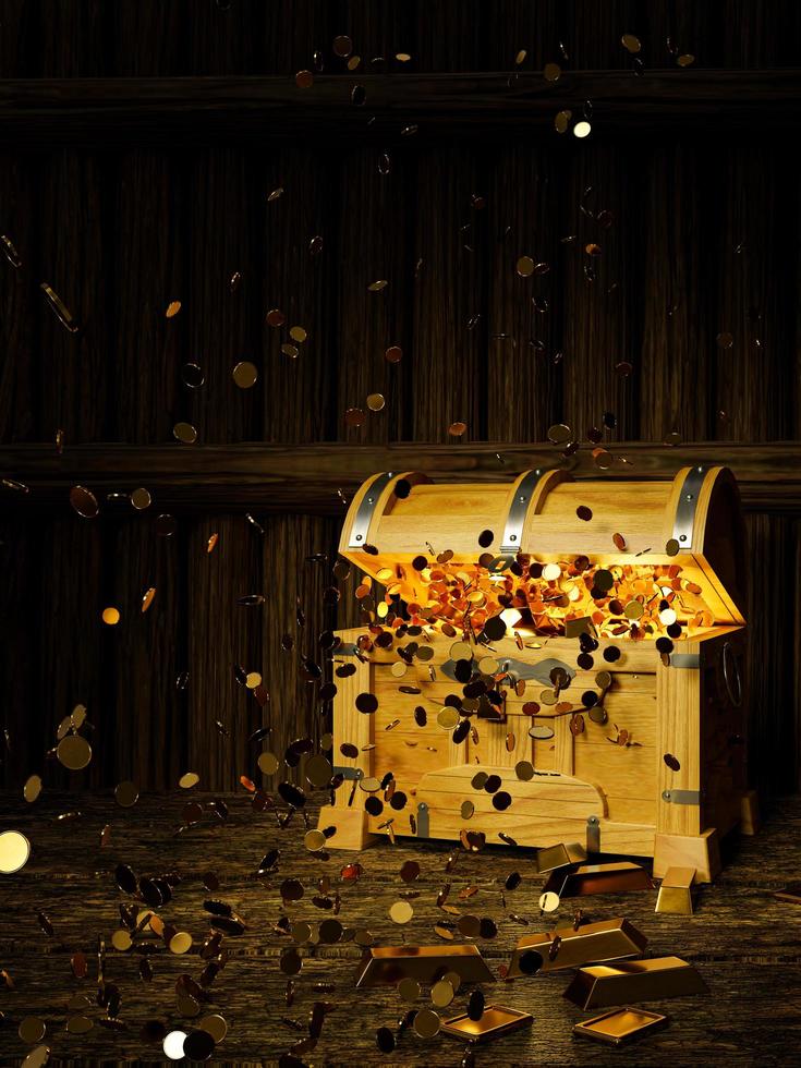 Numerous gold coins spilled out from the treasure chest. Old-style wooden treasure chest tightly assembled with rusted metal strips. Golden Coin and bar on floor. 3D Rendering photo