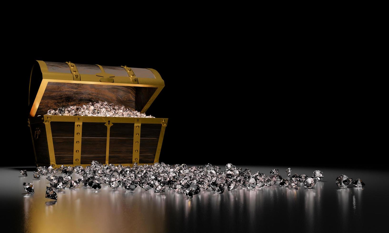 muchos diamantes en el cofre del tesoro vintage dorado y cayendo al suelo se utilizan para el concepto de caja de almacenamiento de gemas. tesoro sobre fondo negro y reflejo en el suelo. procesamiento 3d foto