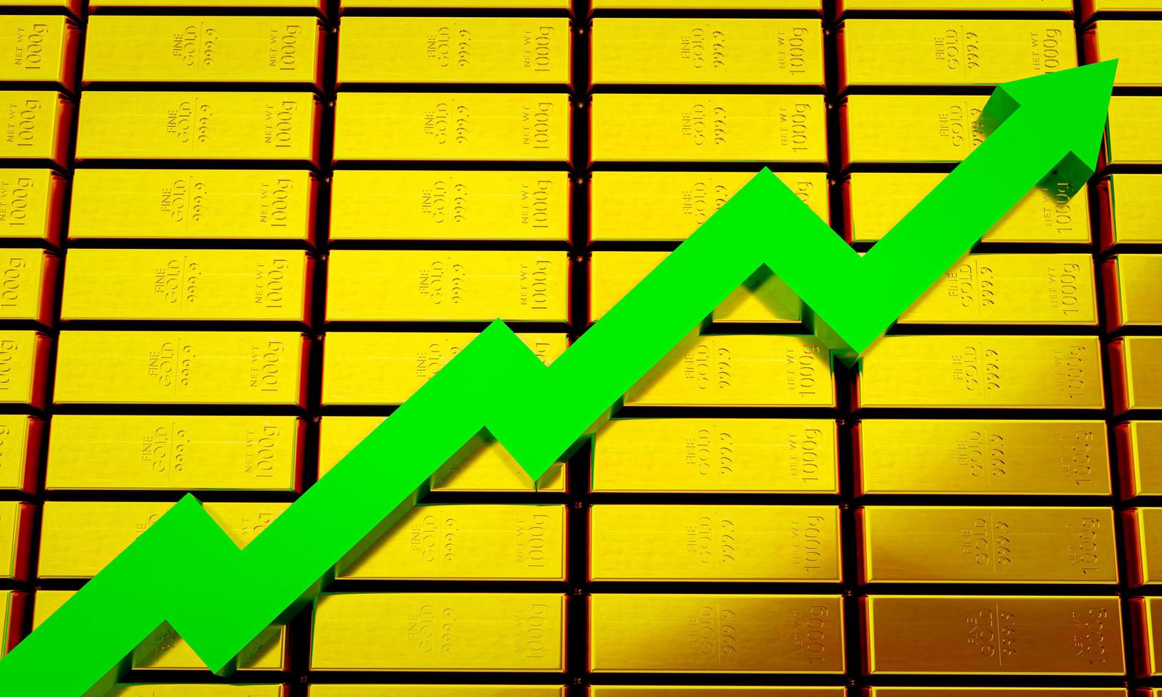 999.9 gold bars stacked on top of each other. Lots of gold and green arrows in stock market concept, uptrend, price up in investment. Investing in a stable asset is one of many investors. 3d rendering photo