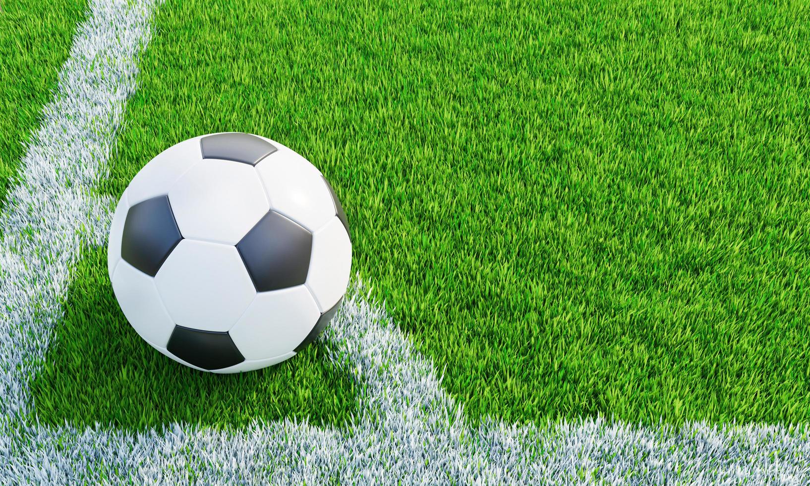 Lawn or football field with thick, soft green grass. A standard patterned soccer ball black and white placed for corner kicks. Top view Football field. Background or Wallpaper. 3D Rendering. photo