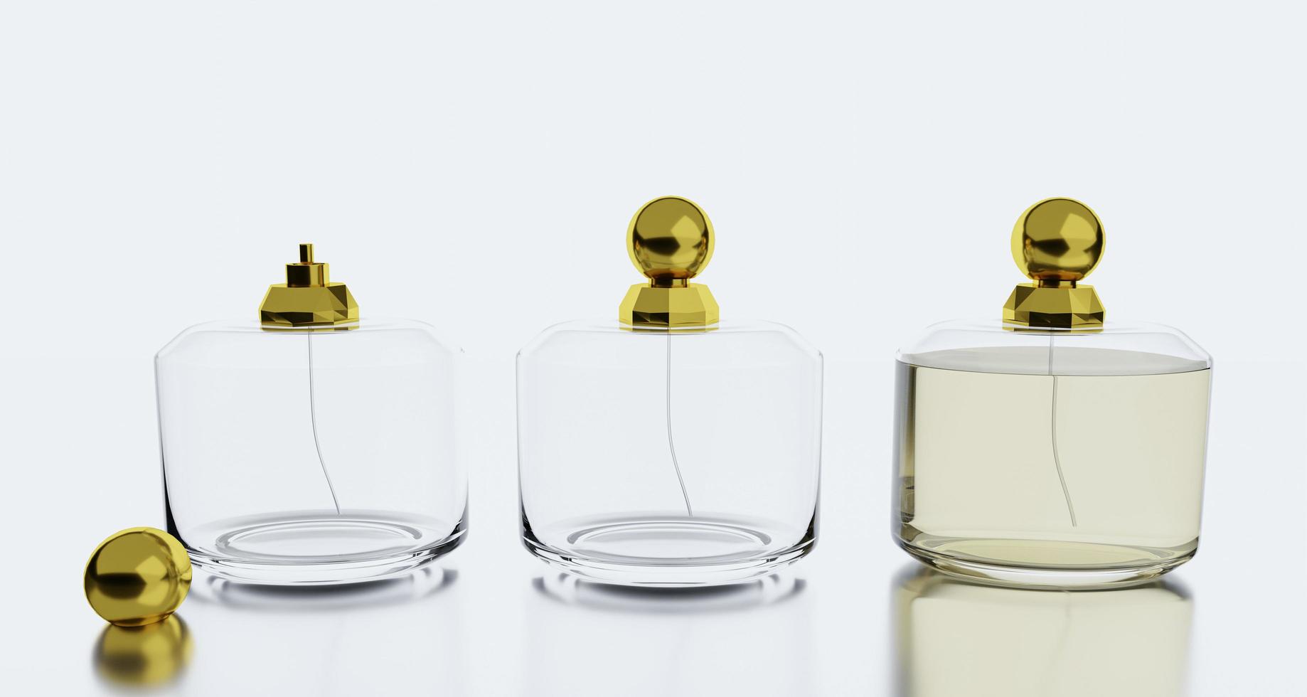 Set of Luxuary Perfume bottle. Clear bottle and Golden lid on white background with reflection. 3D rendering. photo