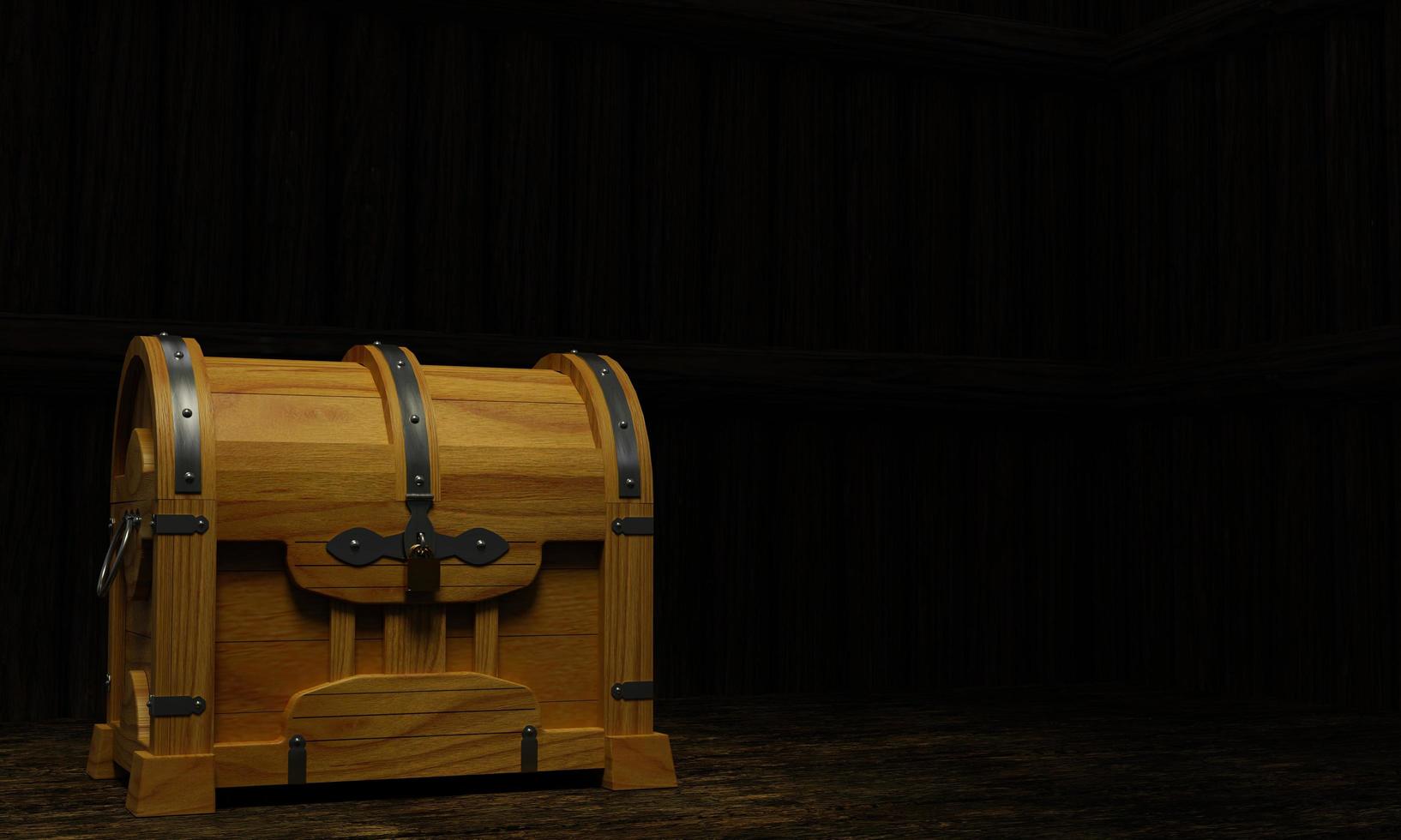 New antique treasure chest, made of teak, reinforced with metal plates and pins, locked with a golden padlock. Wooden floor and background.3D Rendering photo
