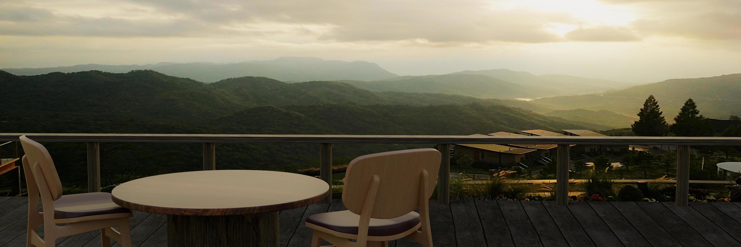 mesas y sillas de madera para relajarse en el balcón o terraza con tablones de madera. el restaurante en la montaña tiene una vista de la colina y la niebla a la luz del sol de la mañana. representación 3d foto