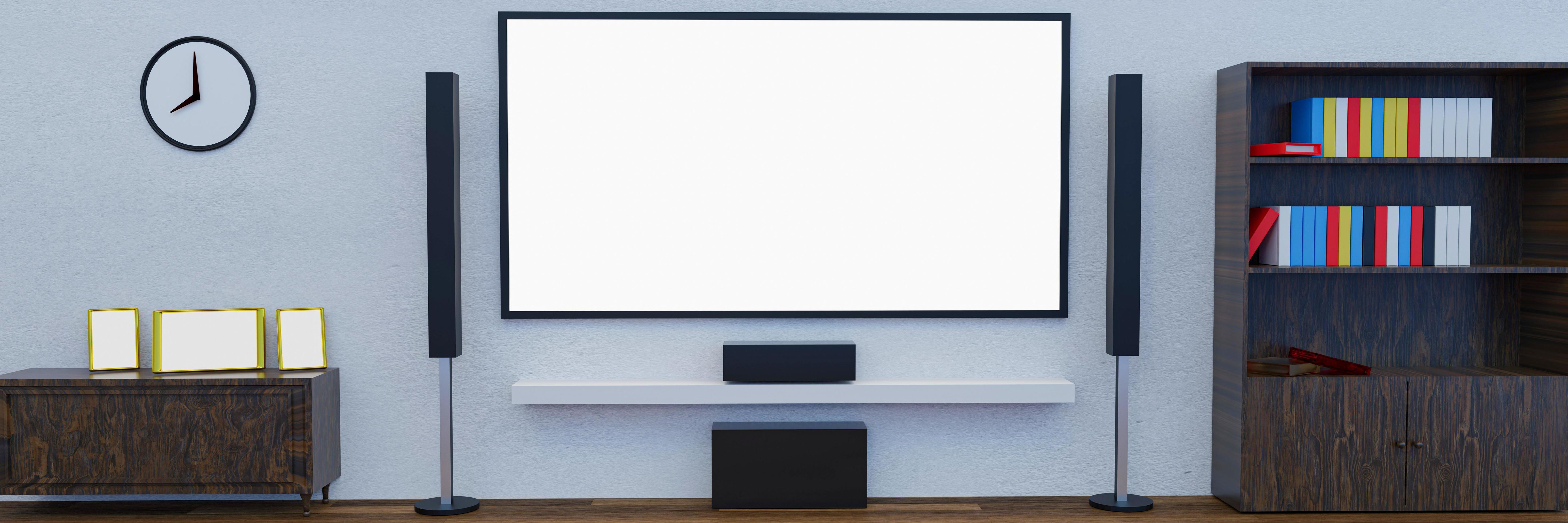 Home Theater on white plaster wall. Big wall screen TV and Audio