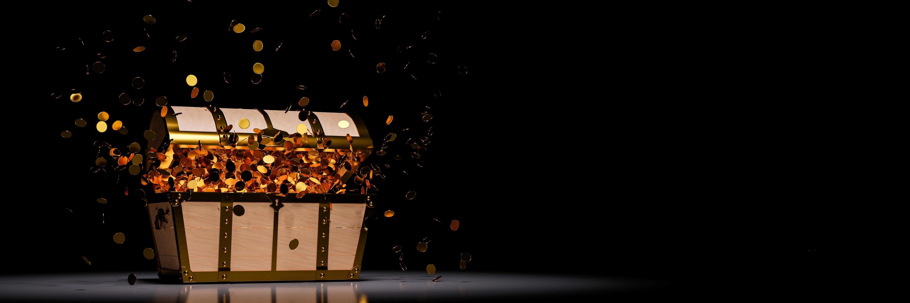 Numerous gold coins spilled out from the treasure chest. Old-style wooden treasure chest tightly assembled with rusted metal strips. 3D Rendering photo