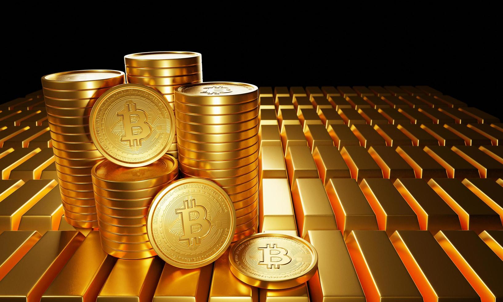 la moneda de oro tiene un símbolo de bitcoin. criptomoneda el formato de la moneda se apila sobre un fondo negro. criptomonedas para el comercio de productos básicos, negocios, tecnología. representación 3d foto