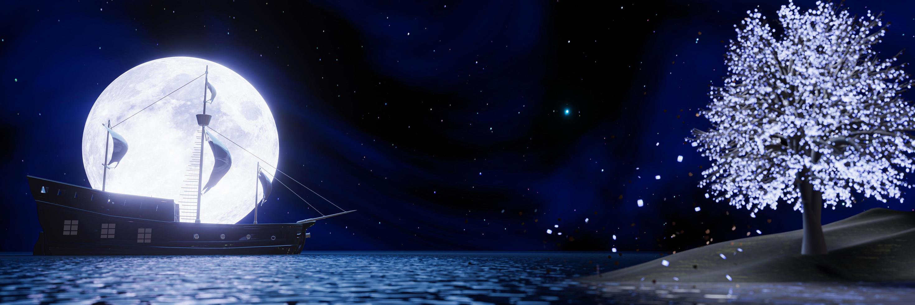 barcos piratas en el mar o el océano frente a la luna llena. silueta de barco pirata más allá de la superluna con reflejo en la superficie del agua. el árbol que brilla intensamente en el lado desenfocado es bokeh. representación 3d foto