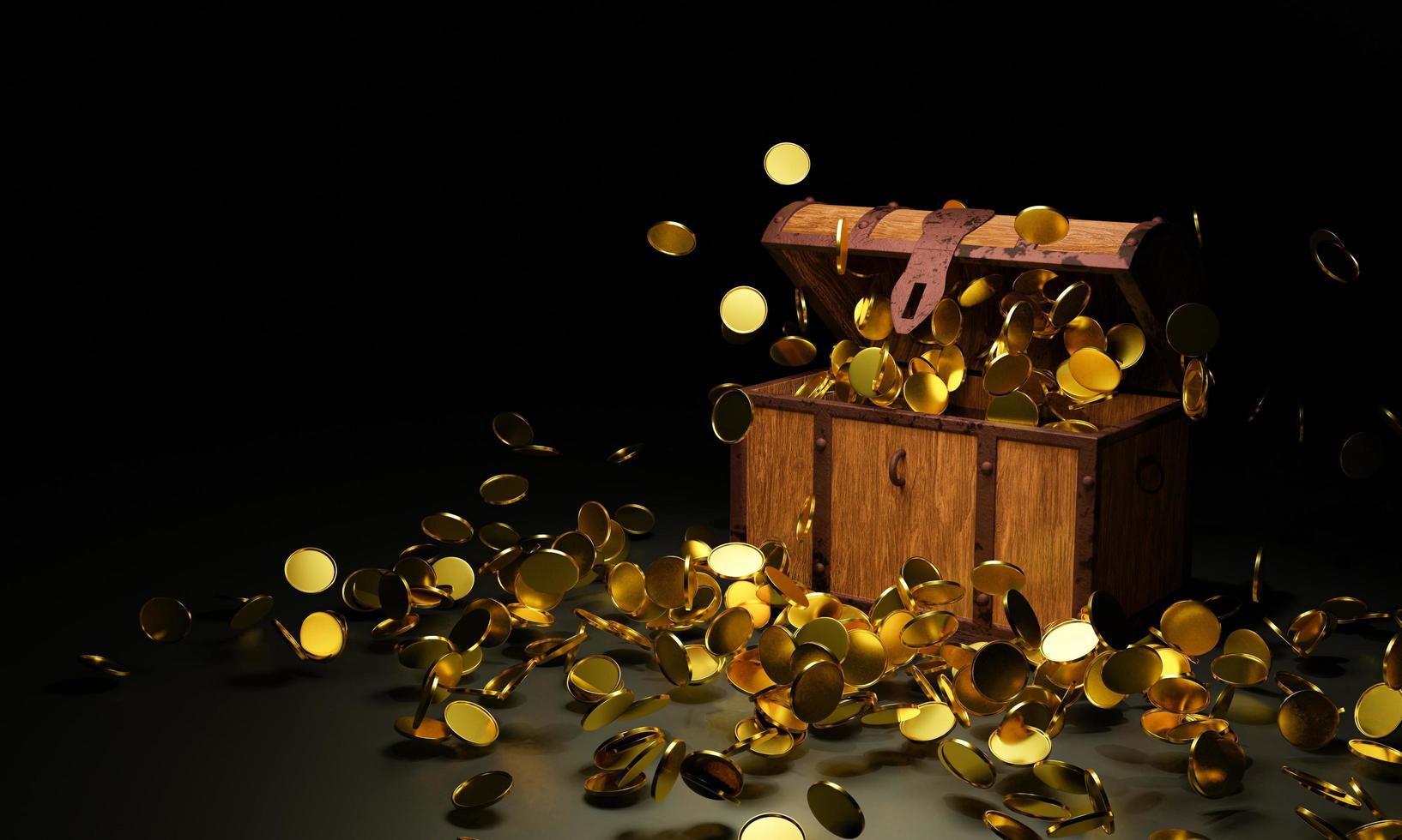 Numerous gold coins spilled out from the treasure chest. Old-style wooden treasure chest tightly assembled with rusted metal strips. 3D Rendering photo