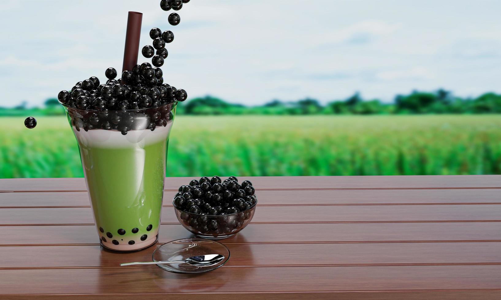 Bubble milk green tea in  a clear glass and brown straws placed on a wooden table and blur the background of the rice field. 3D rendering photo
