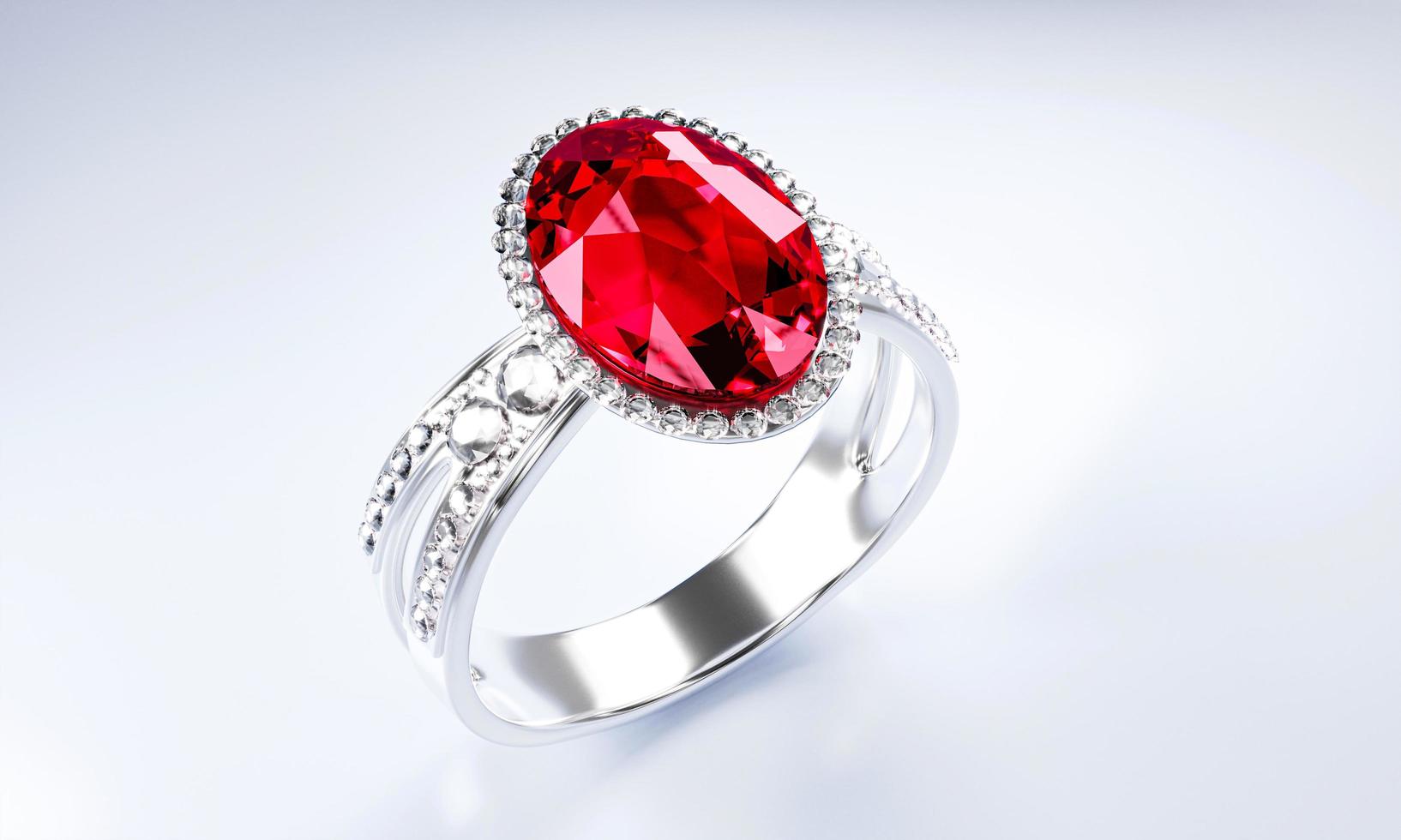 The large red diamond or ruby is surrounded by many diamonds on the ring made of platinum gold placed on a gray background. Elegant wedding diamond ring for women.  3d rendering photo