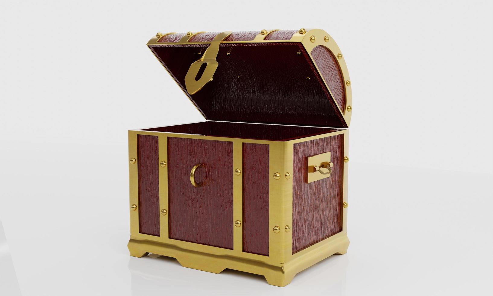 Treasure chest or retro treasure box Made with red painted wood and gold metal. Placed on white floor and background. 3D Rendering. photo