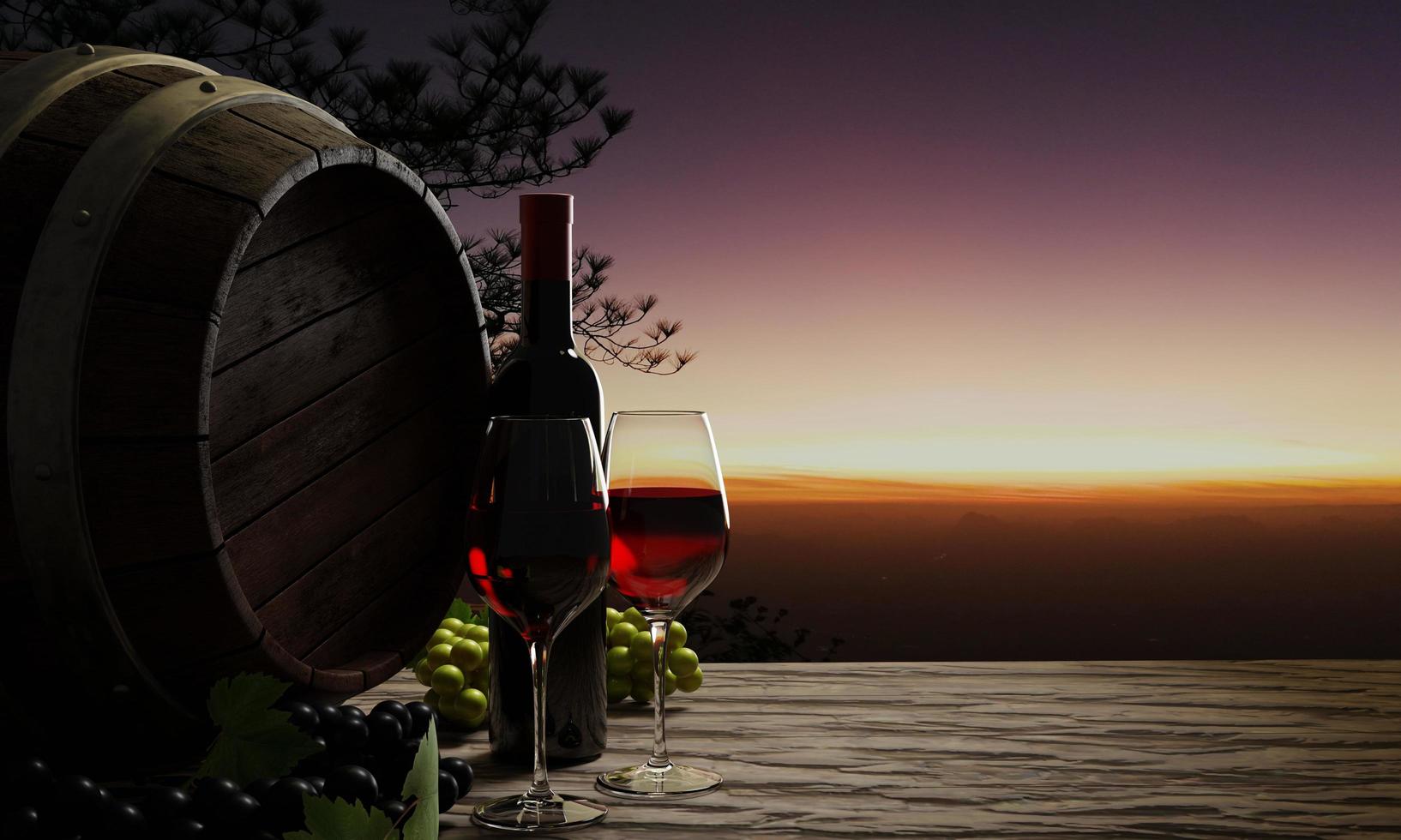 vino tinto en vidrio transparente, uvas rojas, uvas verdes y tanque de fermentación de vino en una mesa con piso de madera o corteza de árbol. la imagen de fondo era una montaña matutina. niebla y sol matutino. representación 3d foto