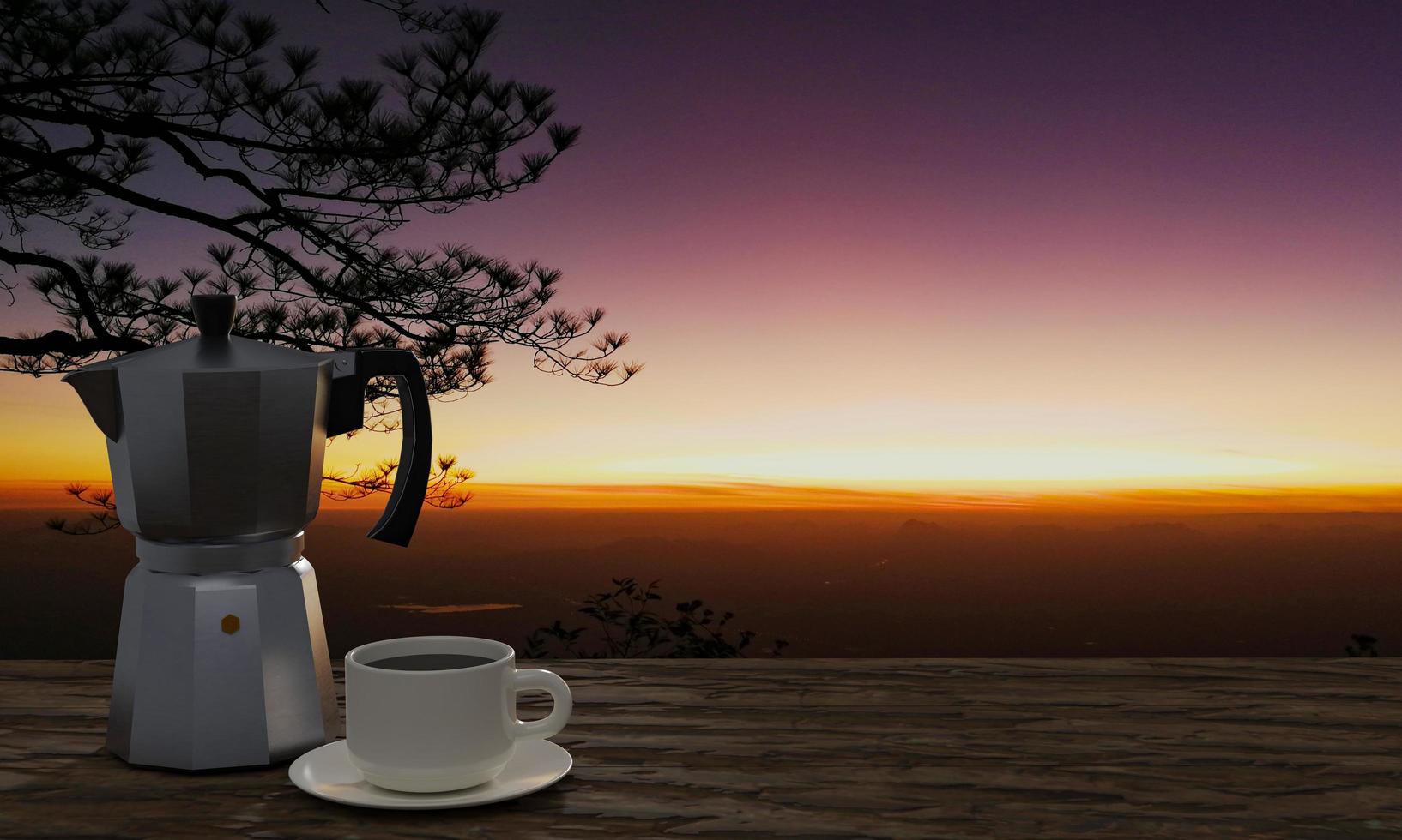 Black coffee in a white mug and Moka coffee pot. The wood surface or tree bark has a background in the pine trees and mountain ranges in the morning. The sun is rising. 3D Rendering photo