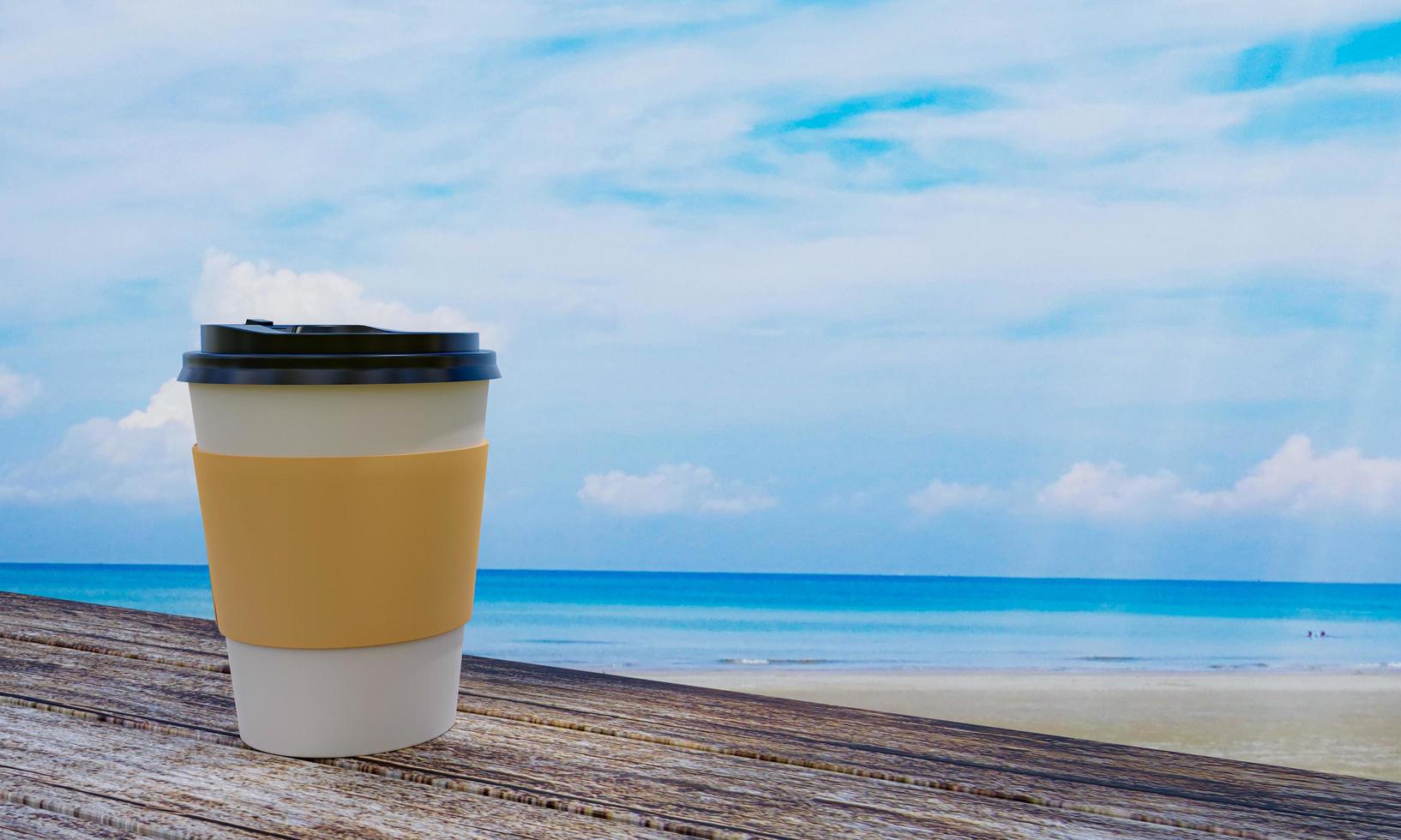 Plastic coffee cup with black plastic mat and lid Place on a wooden floor table. Turquoise sea and sandy beach The sky is bright with white clouds. 3D Rendering photo