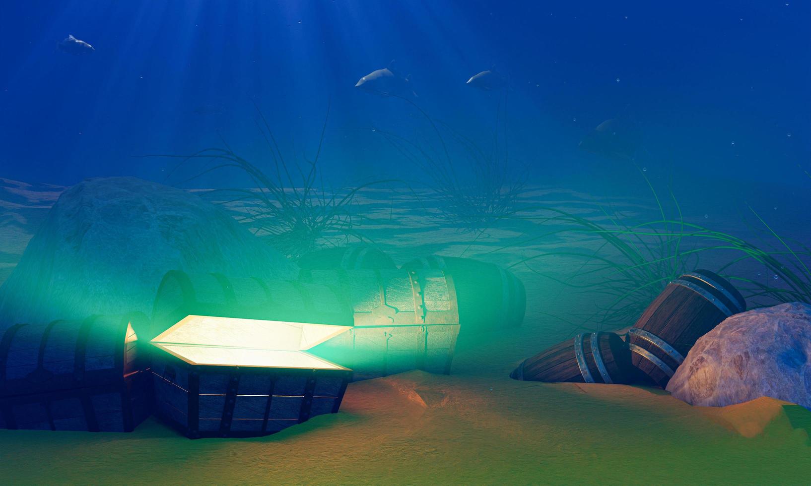 The old treasure chest sunk under the sea. The light shone out of the treasure chest. Under the sea atmosphere, there are rocks, sand, and treasure chest buried. 3D Rendering photo