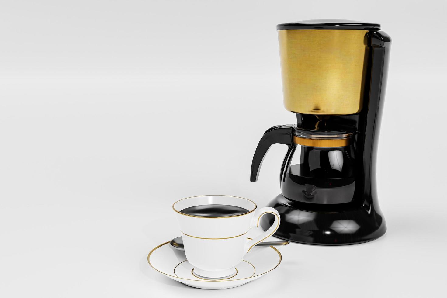 Black coffee in a white ceramic mug with gold rim and saucer. Blur Black and gold espresso machine  and Coffee cup storage on white background and white wallpaper.3D Rendering photo