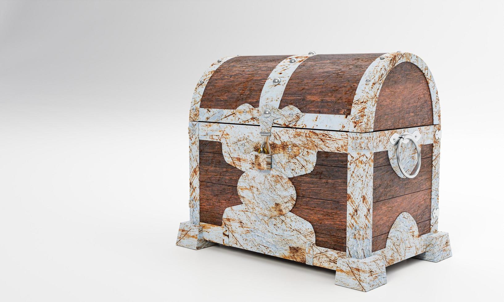 Rusty old treasure box or wooden treasure chest. Isolated on white background and wallpaper. 3D Render. photo