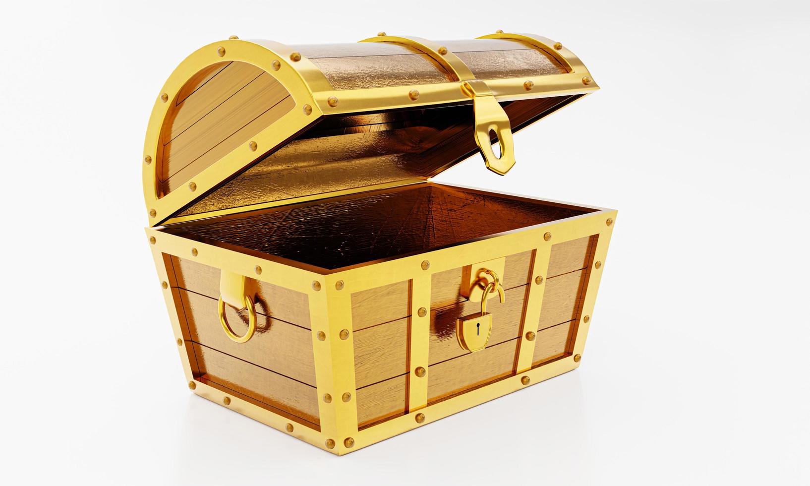 Treasure chest made of gold. Antique chest made of wood and metal, painted gold. Antique padlock locks the treasure chest. on a white background. 3D rendering photo