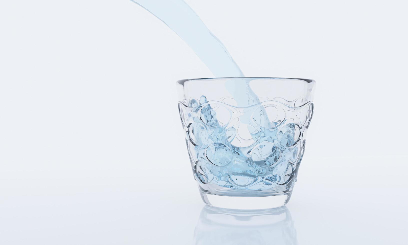 Pouring water from bottle into glass on white background and reflection on surface. 3D rendering. photo