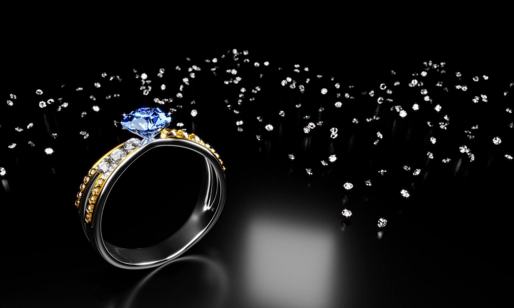 The large oval blue diamond is surrounded by many diamonds on the ring made of platinum gold placed on a white background. 3d rendering photo