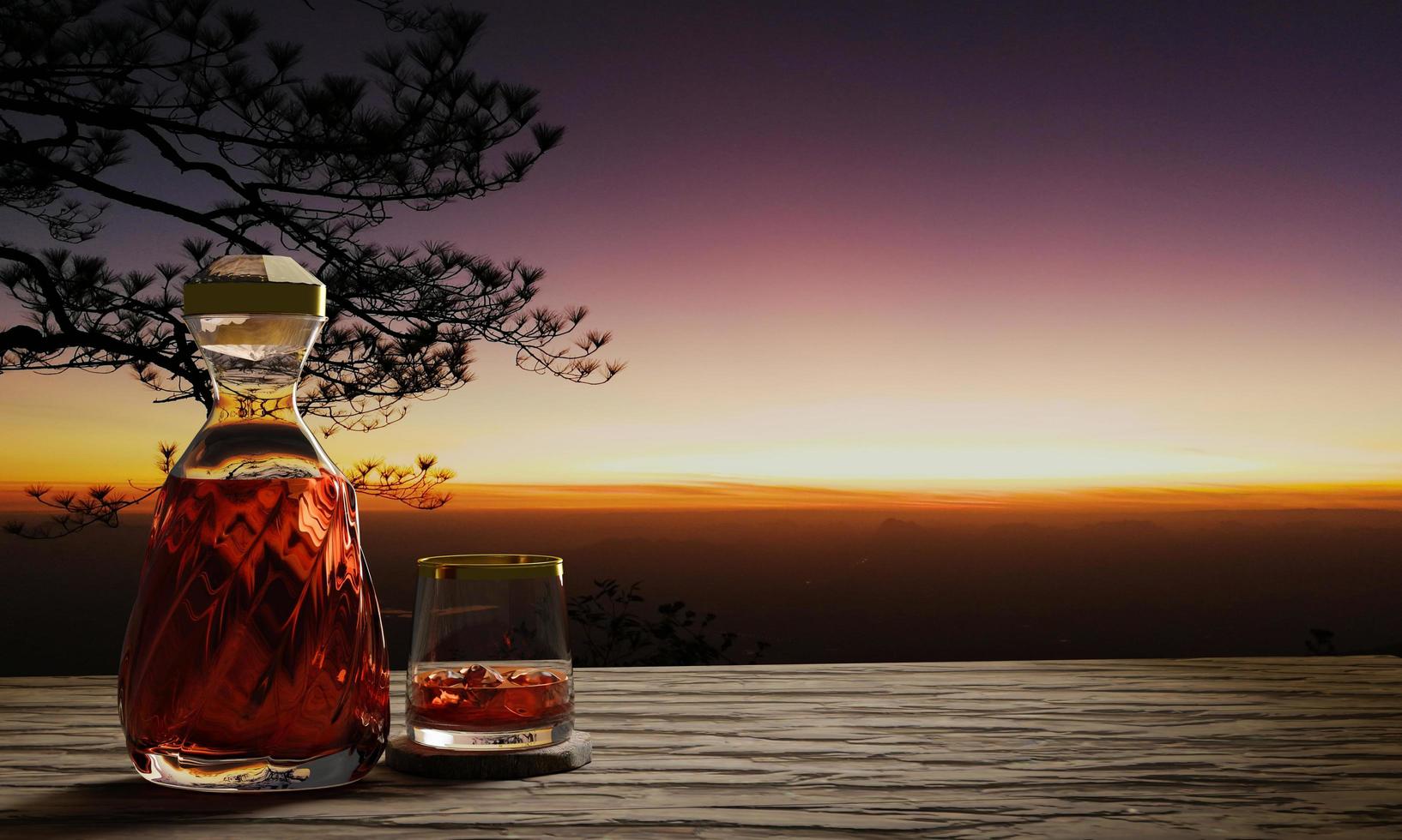 whisky o brandy en una botella transparente con diseño en espiral y un vaso transparente colocado sobre corteza de árbol o corteza de árbol. paisaje con pinos y montañas por la mañana. está amaneciendo. representación 3d foto