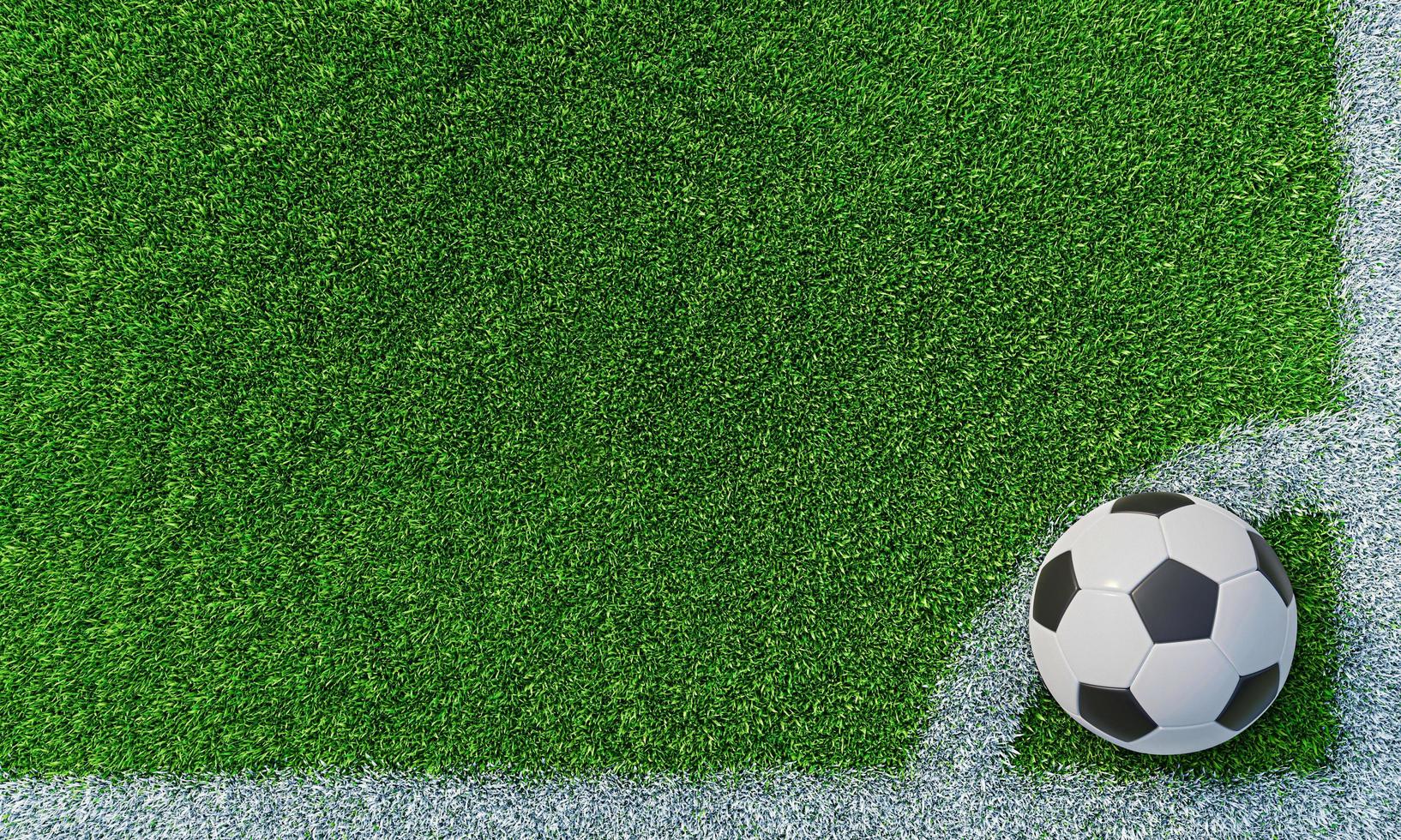 césped o campo de fútbol con césped verde suave y espeso. un balón de fútbol estampado estándar colocado para tiros de esquina. campo de fútbol de vista superior. fondo o fondo de pantalla. césped 3d. representación 3d foto