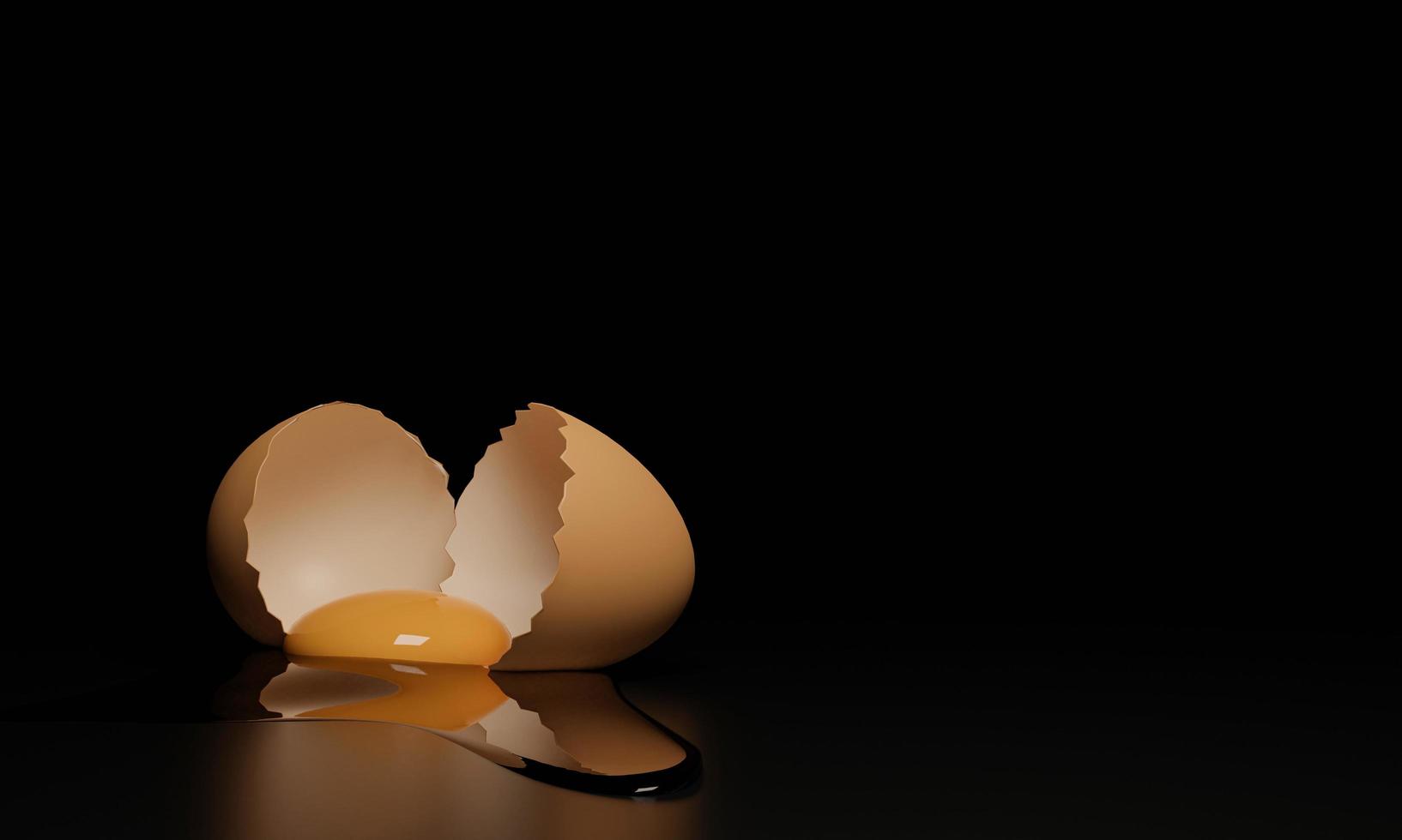 Egg yolk in a cracked  egg shell on  table.  Reflection on surface and  black background. 3D Rendering. photo