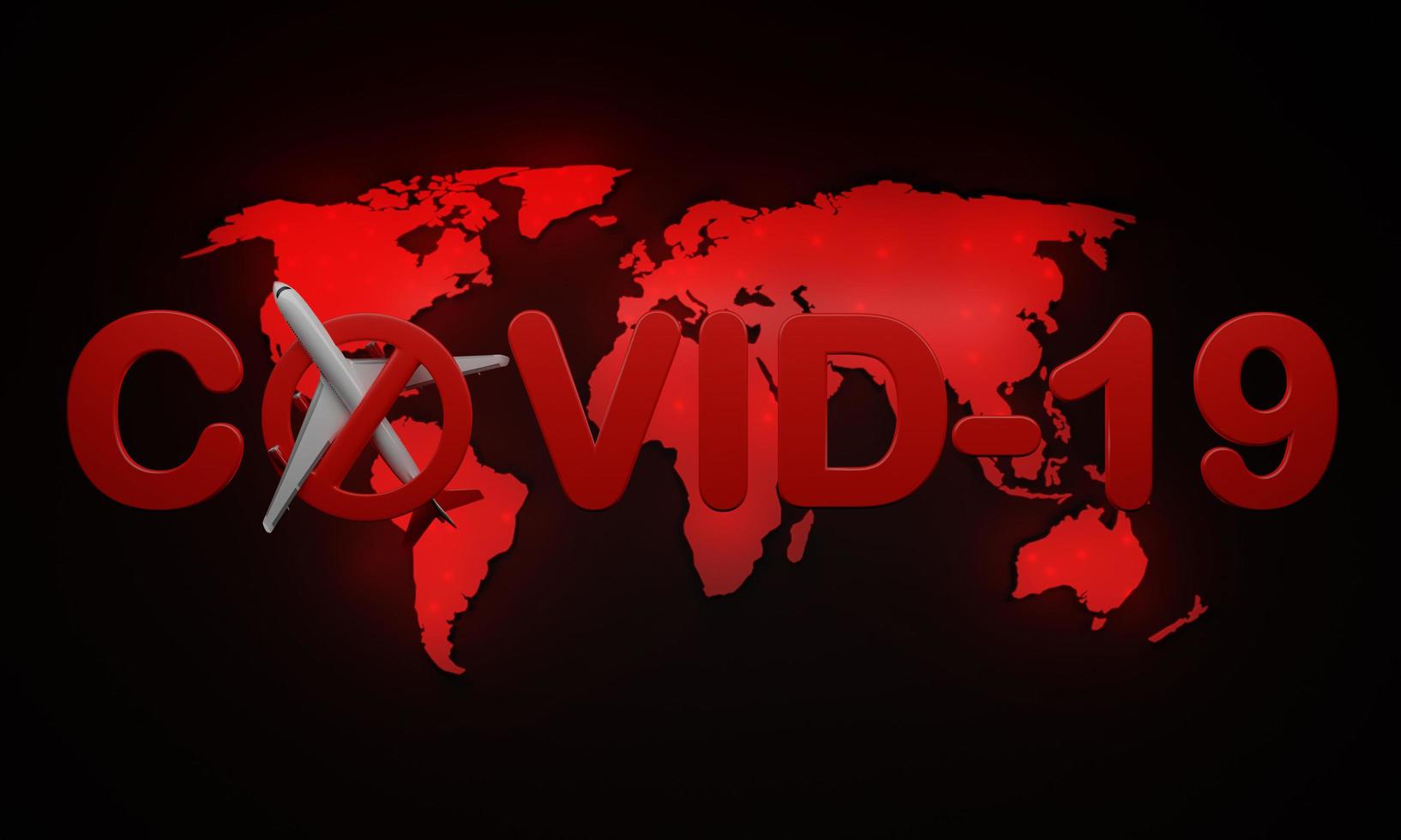 Red prohibition mark on passenger aircraft models with Covid-19 text on a red world map background. Show the coronavirus outbreak. 3D rendering. photo