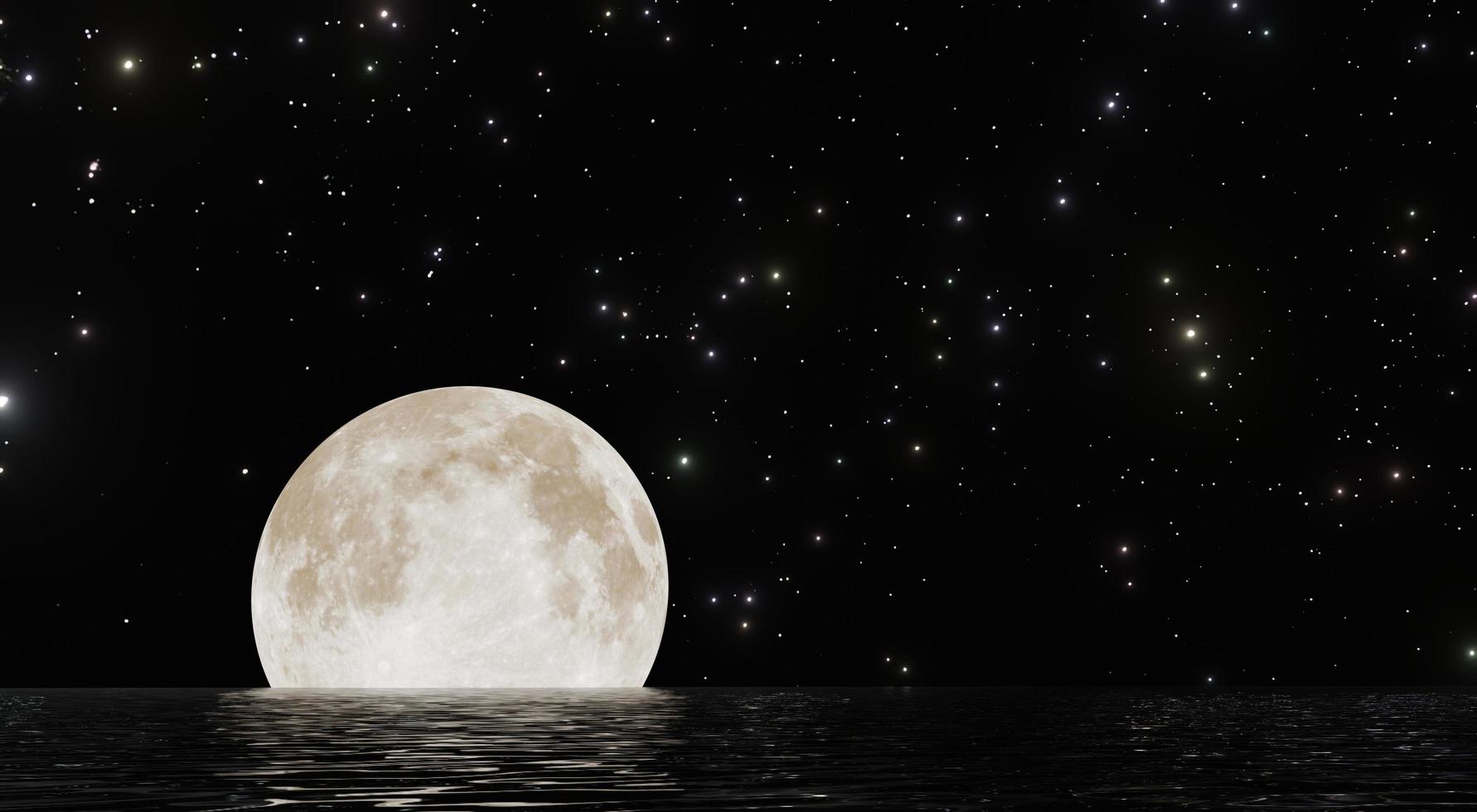 Full moon with many stars and reflection on water dark night sky background photo