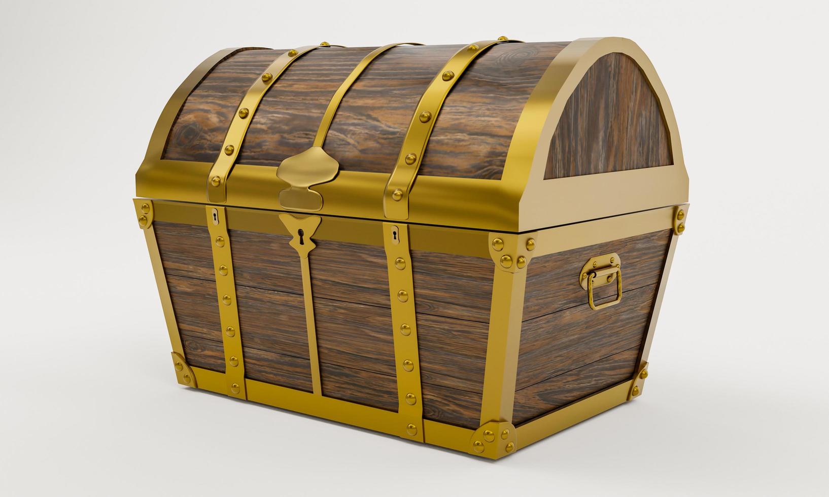 Ancient treasure chest is made of gold wood and metal plates with golden pins. Treasure chest with keyhole. Materials from Plank and gold metal. Background and white wallpaper. 3D Rendering photo