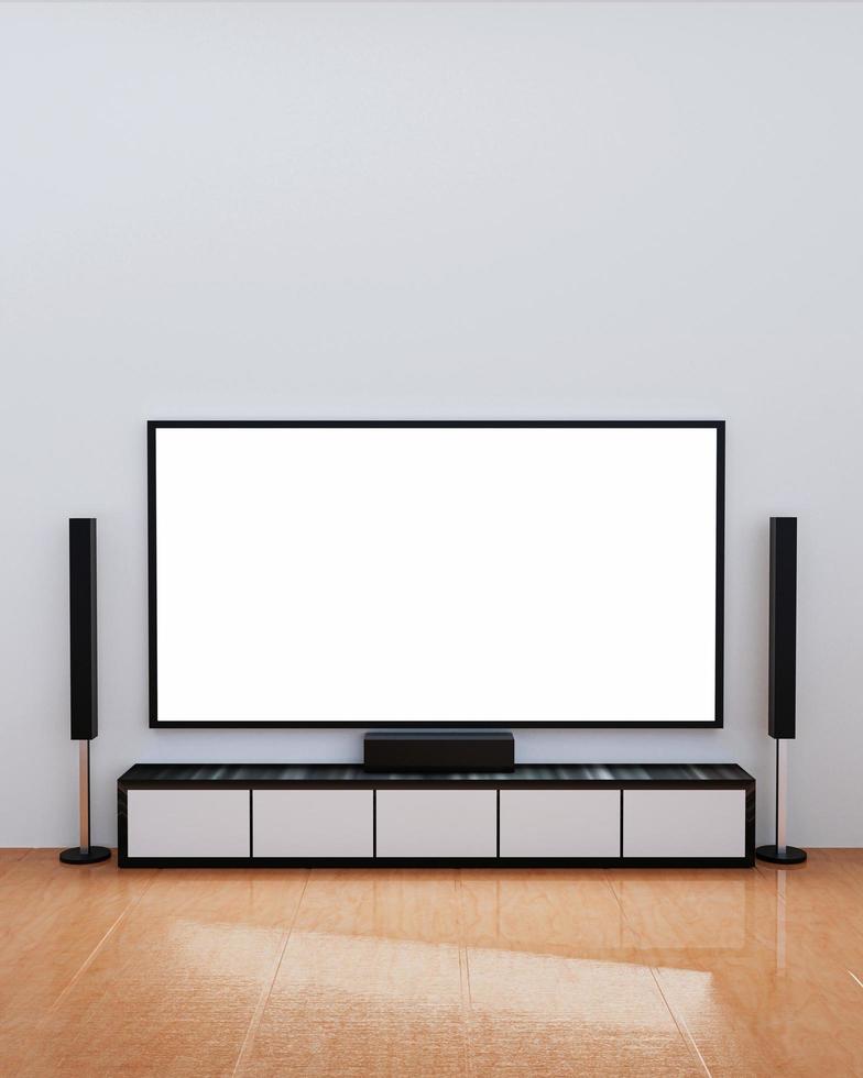 Home Theater on white plaster wall. Big wall screen TV and  Audio equipment use for Mini Home Theater. Room wooden floor. 3D Rendering. photo