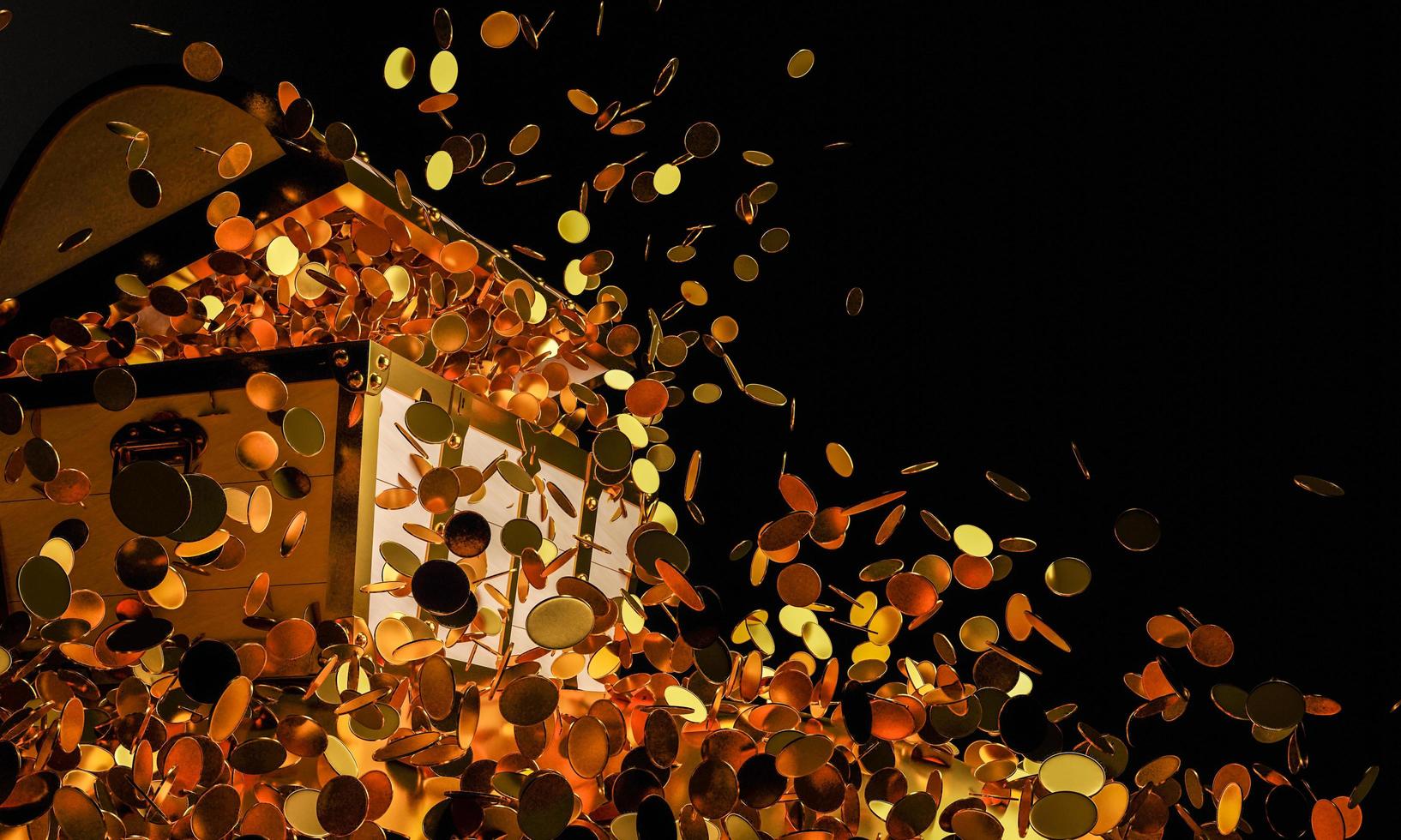 Numerous gold coins spilled out from the treasure chest. Old-style wooden treasure chest tightly assembled with rusted metal strips. 3D Rendering photo