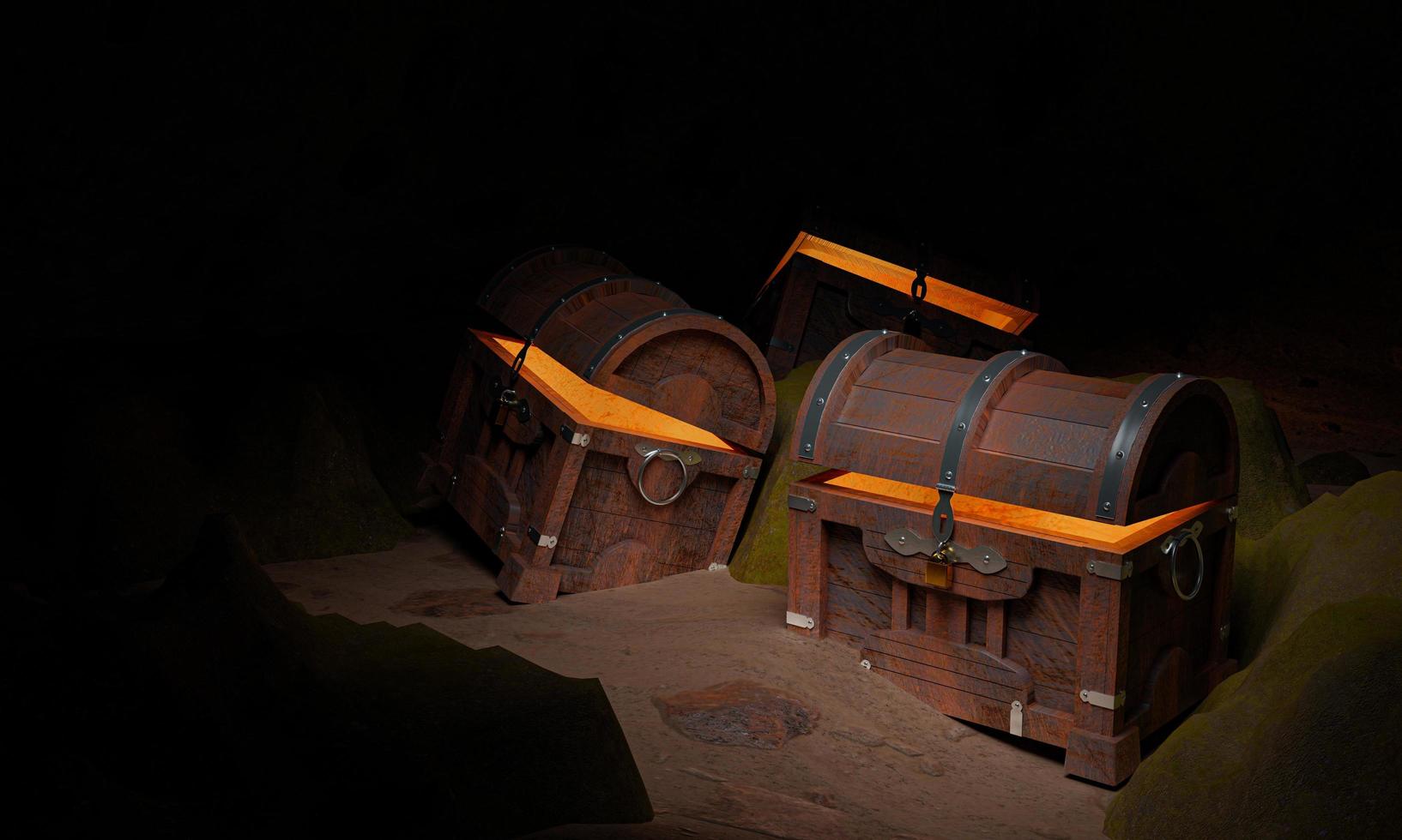 Ancient and vintage treasure chest made of wooden panels Reinforced with gold metal and gold pins Treasure boxes placed on the sand in a cave or treasure underwater. 3d Rendering photo