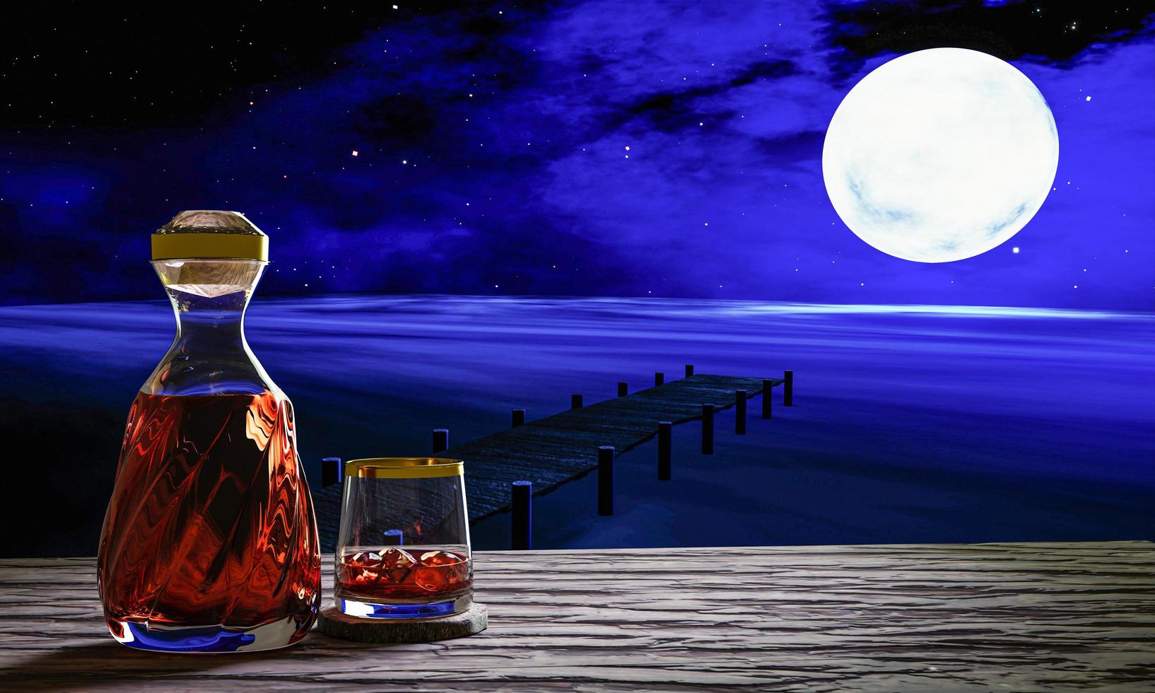 brandy o whisky en una botella de vidrio de lujo y en un vaso con cubitos de hielo sobre una mesa de superficie de madera. noche de luna llena con estrellas llenas. reflexiones sobre el mar escena relajante y romántica representación 3d. foto