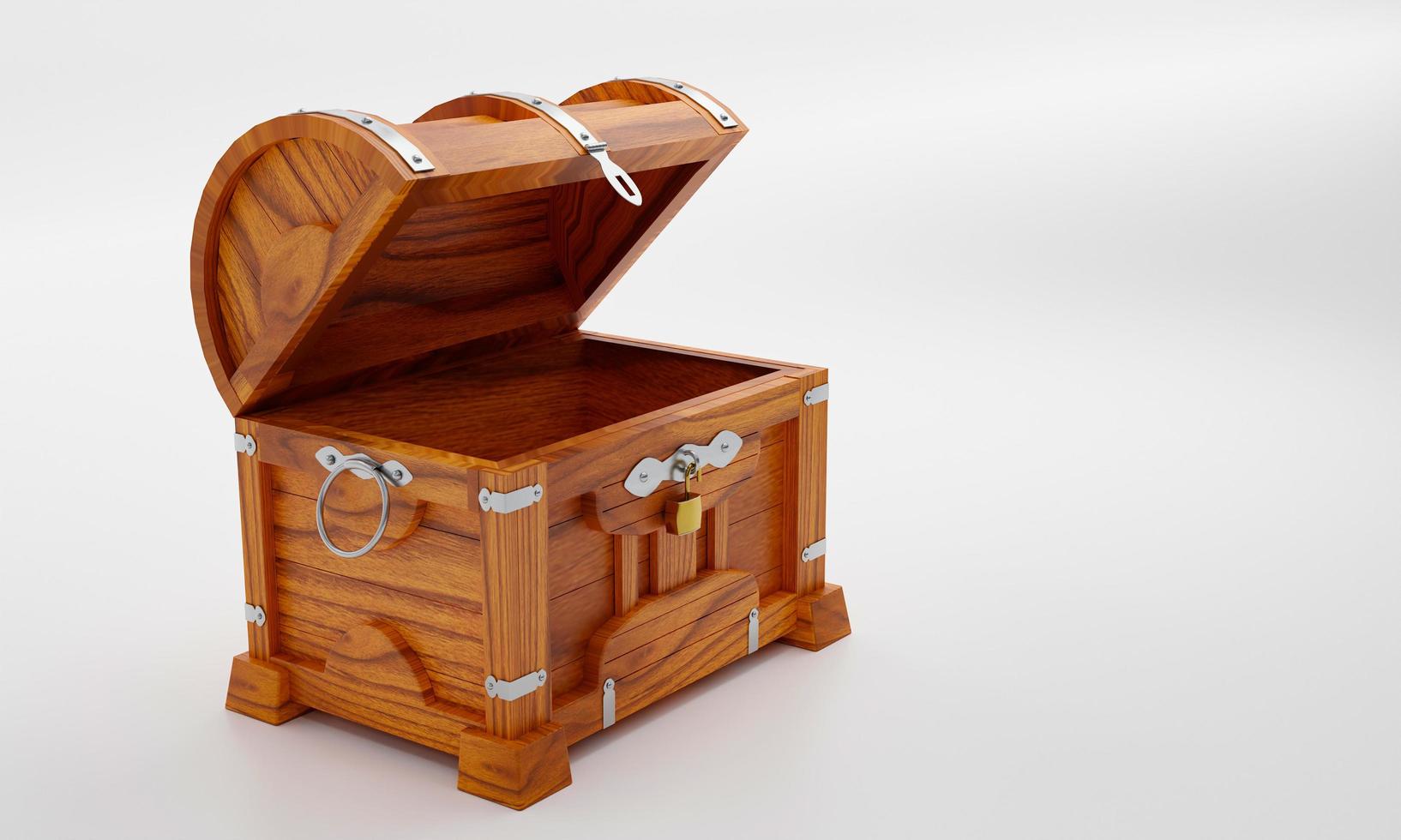 New antique treasure chest, made of teak, reinforced with metal plates and pins, locked with a golden padlock. White floor and background.3D Rendering photo