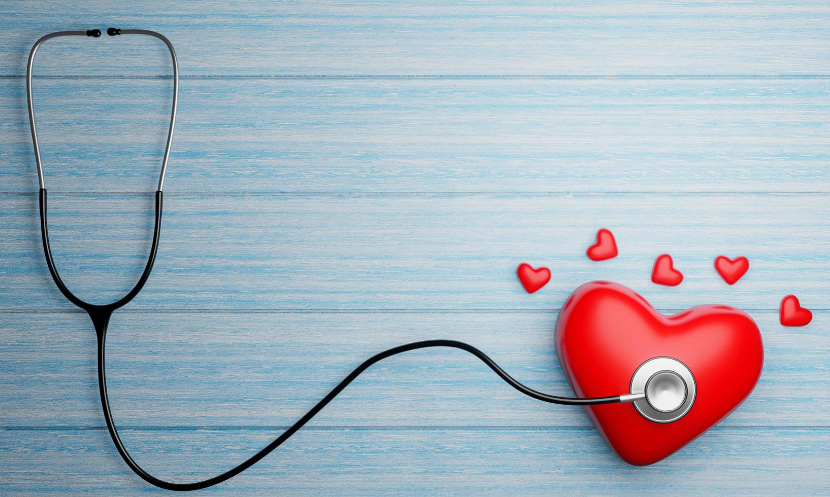 Medical stethoscope On the blue plank floor. Small and large red heart shaped models. 3D Rendering. photo