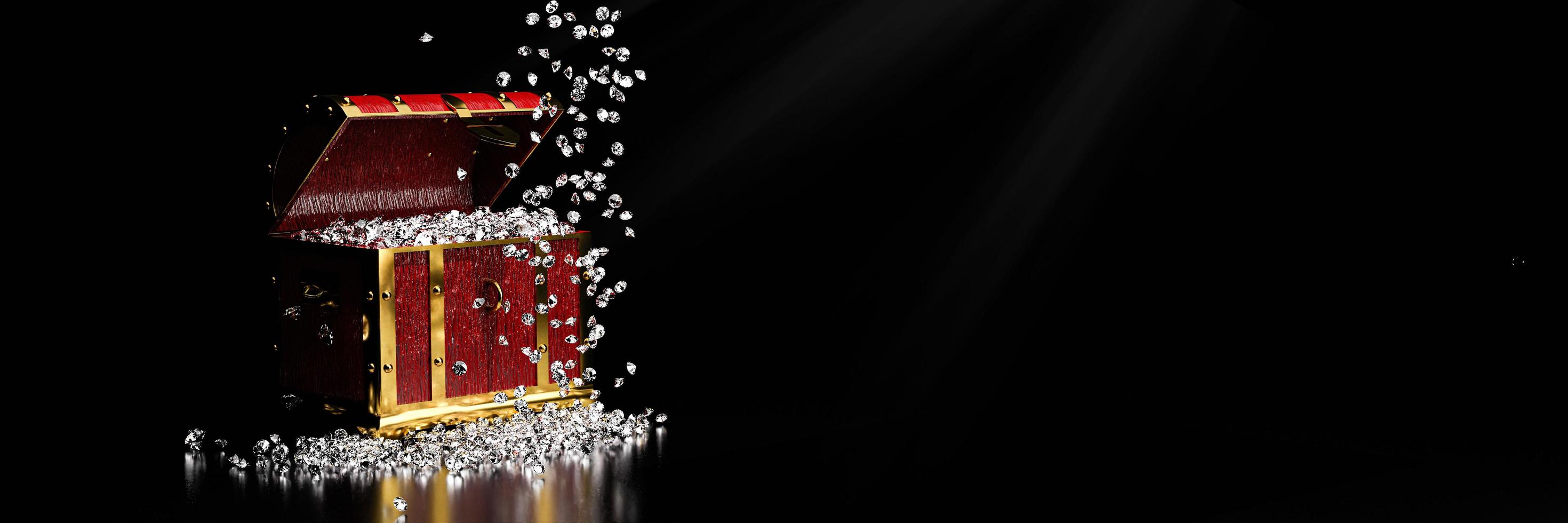 Many diamonds in a golden vintage treasure chest and falling down to the ground used for the Gem storage box concept. A treasure on black background and reflection on the floor. 3D Render. photo