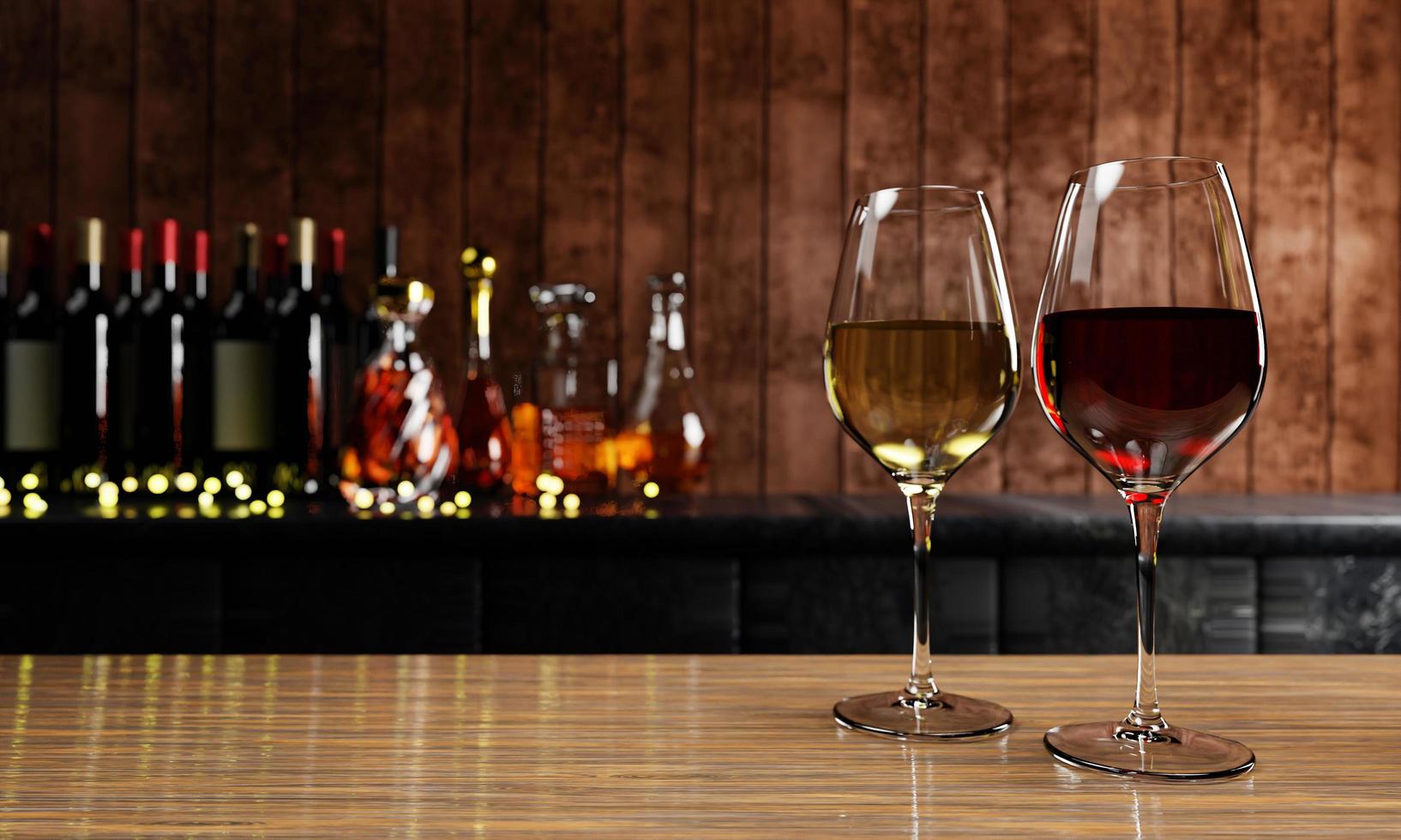 Red and white wine in clear glass, many blurred wine , whisky and brandy bottle backgrounds Place it on a wooden and mable floor with a wooden board wall. The cellar Tasting production concept. photo