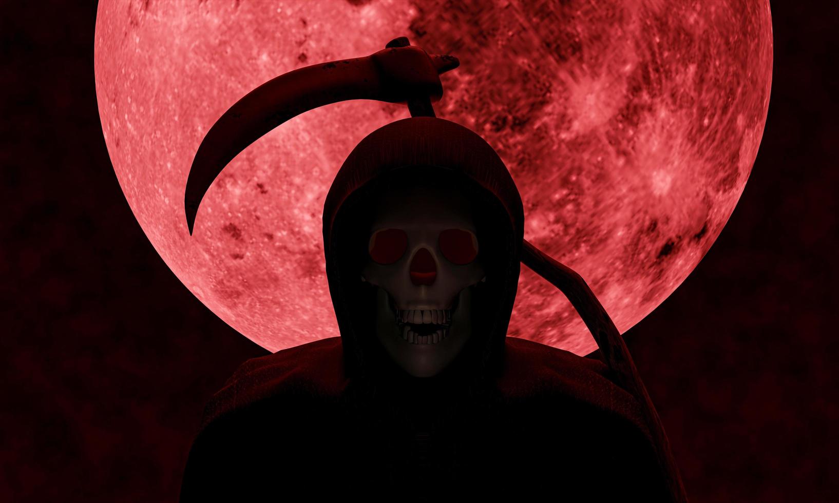 el cráneo satánico con un sombrero negro con capucha y una hoz es un arma. el fondo de la luna llena roja en la noche de la representación 3d muerta foto