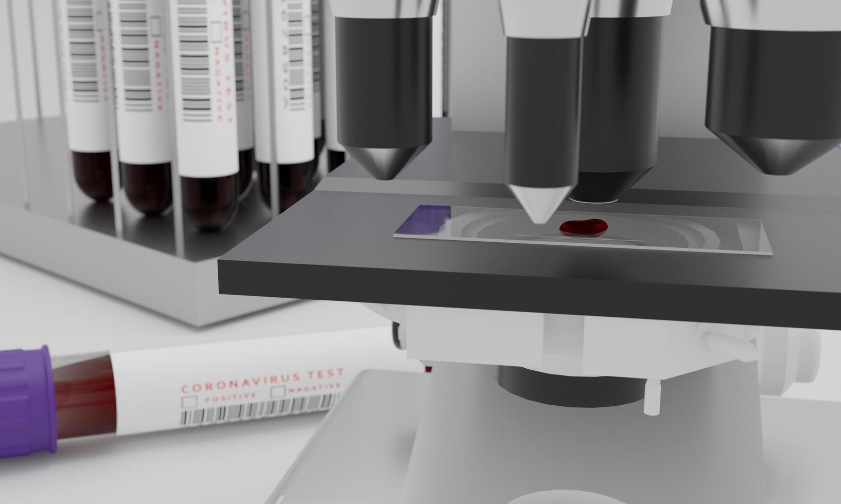 Photo of a laboratory microscope with a blood sample on a glass slide. Test tubes with blood and coronavirus test label  isolated on white background. Concept for testing corona virus. 3D Rendering.