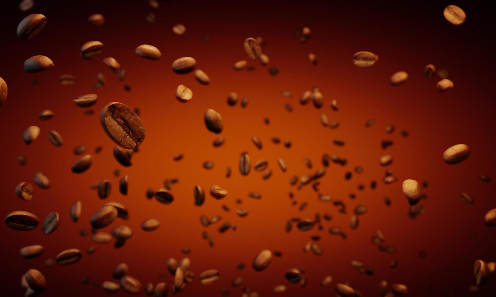 masas de granos de café recién tostados se elevan desde el fondo. granos de café esparcidos en el aire. representación 3d foto