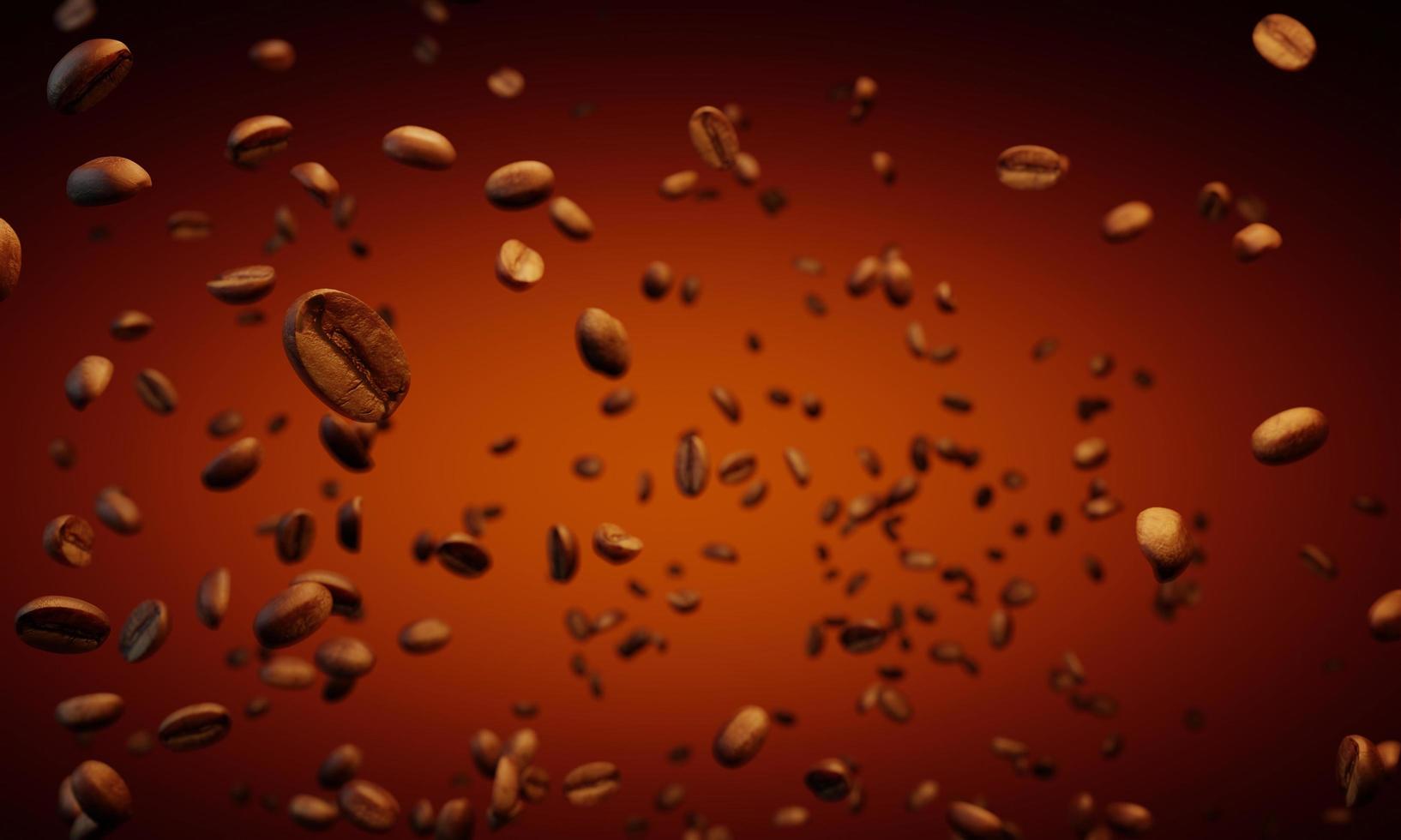 Masses of freshly roasted coffee beans rise from the bottom. Coffee beans spread in the air. 3D Rendering photo