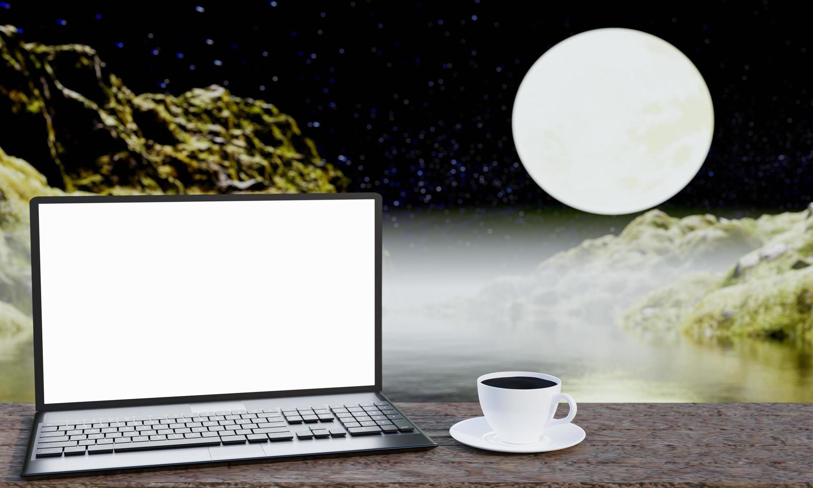 Laptop Notebook or personal computer Blank white screen on a long wooden table. Black coffee in a white mug. working in a natural environment. Mountain, sea, and full moon background. 3D rendering photo