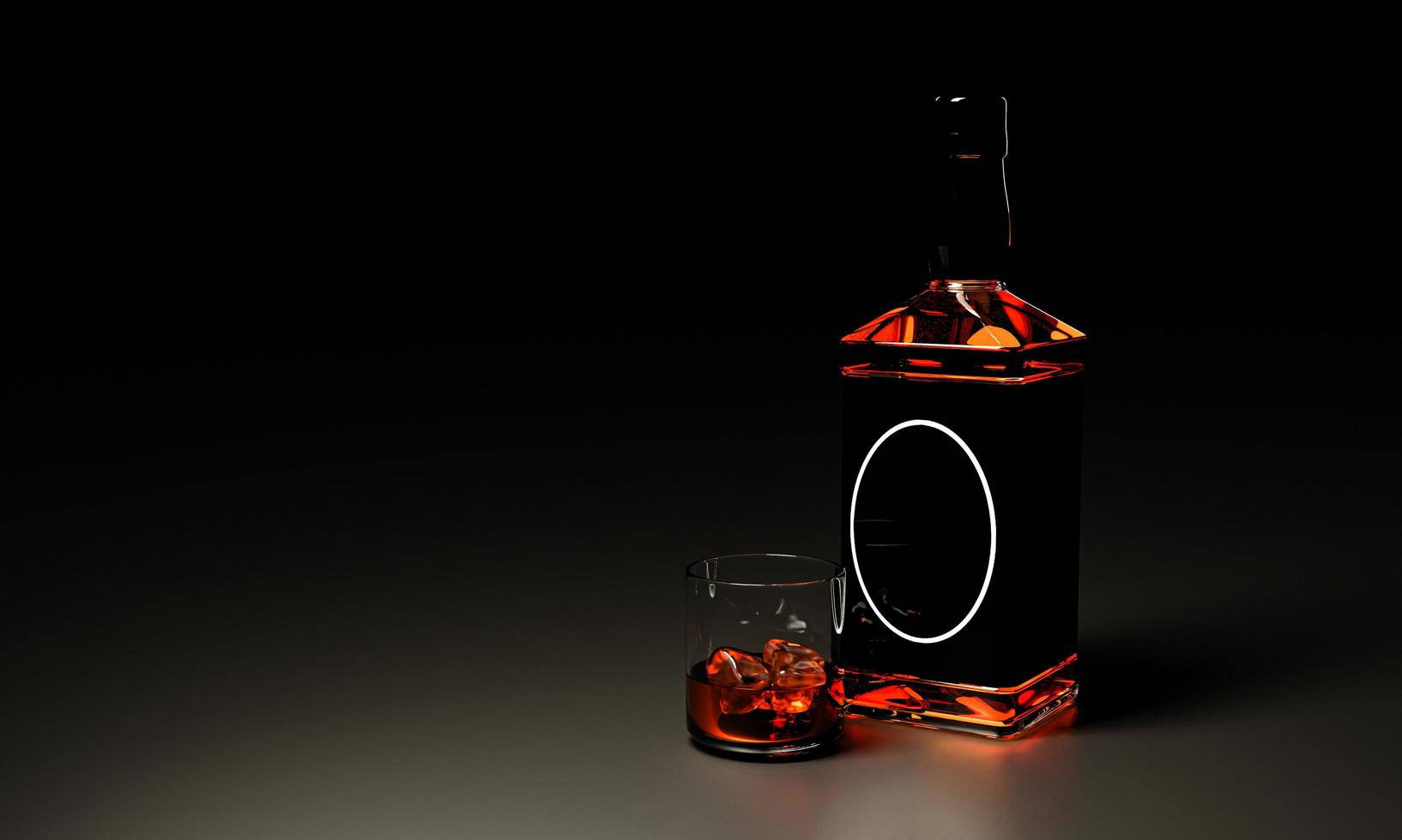 botella de licor de lujo o botella de whisky, y tome una botella llena de bebida en un vaso de whisky transparente con licor en el vaso. representación 3d foto