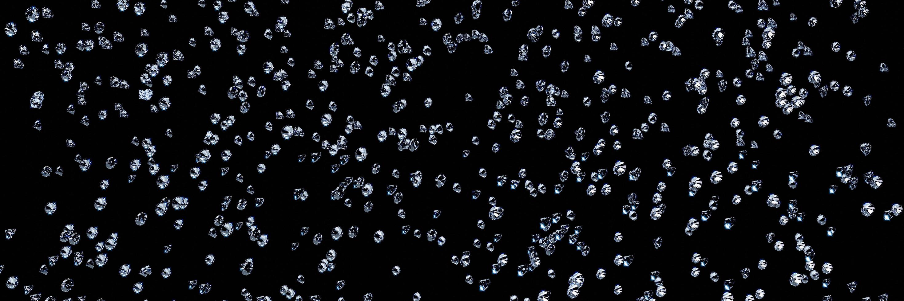 Lots of diamonds of various sizes falling from above with a black background to use as background or wallpaper . 3D Rendering photo