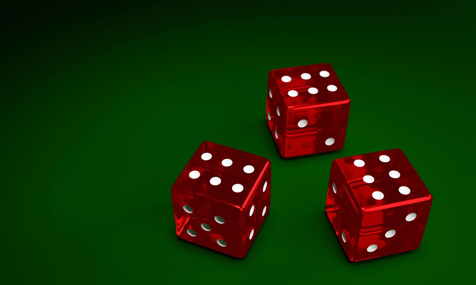 Transparent red dice are falling on the green felt table. The concept of dice gambling in casinos. 3D Rendering photo