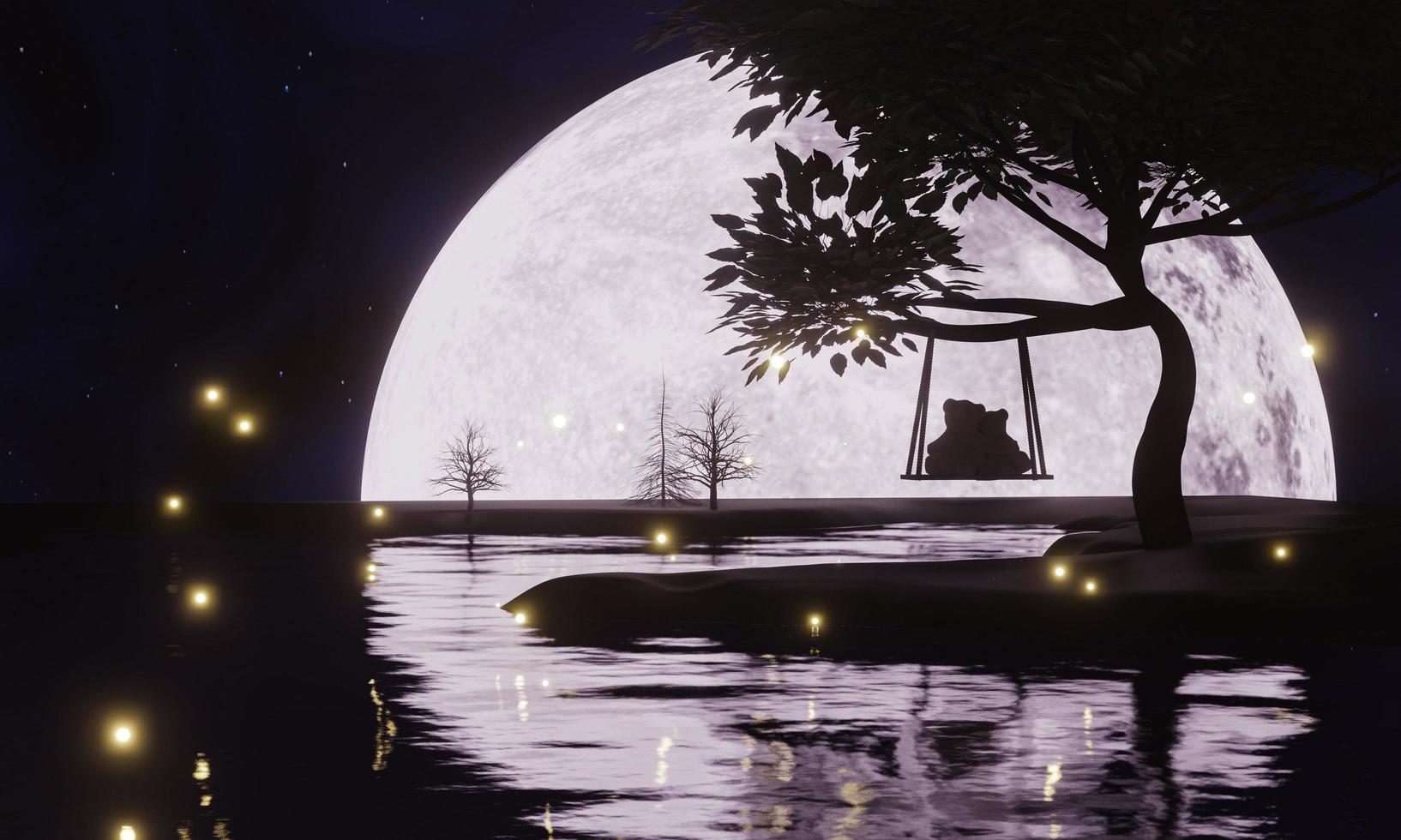Full moon night, but only half of the moon can be seen.The reflection of the moon on the river at night. The tree silhouette has the main scene of the moon. Clear sky, starry sky.3D Rendering photo