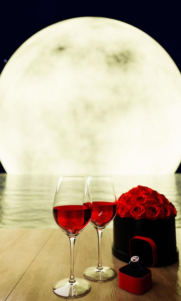 Red wine in clear glass on the shiny wooden deck. Romantic scene couple for a marriage proposal. Bouquet of roses. Diamond ring. background Full moon night nature. Reflections on sea. 3D rendering. photo