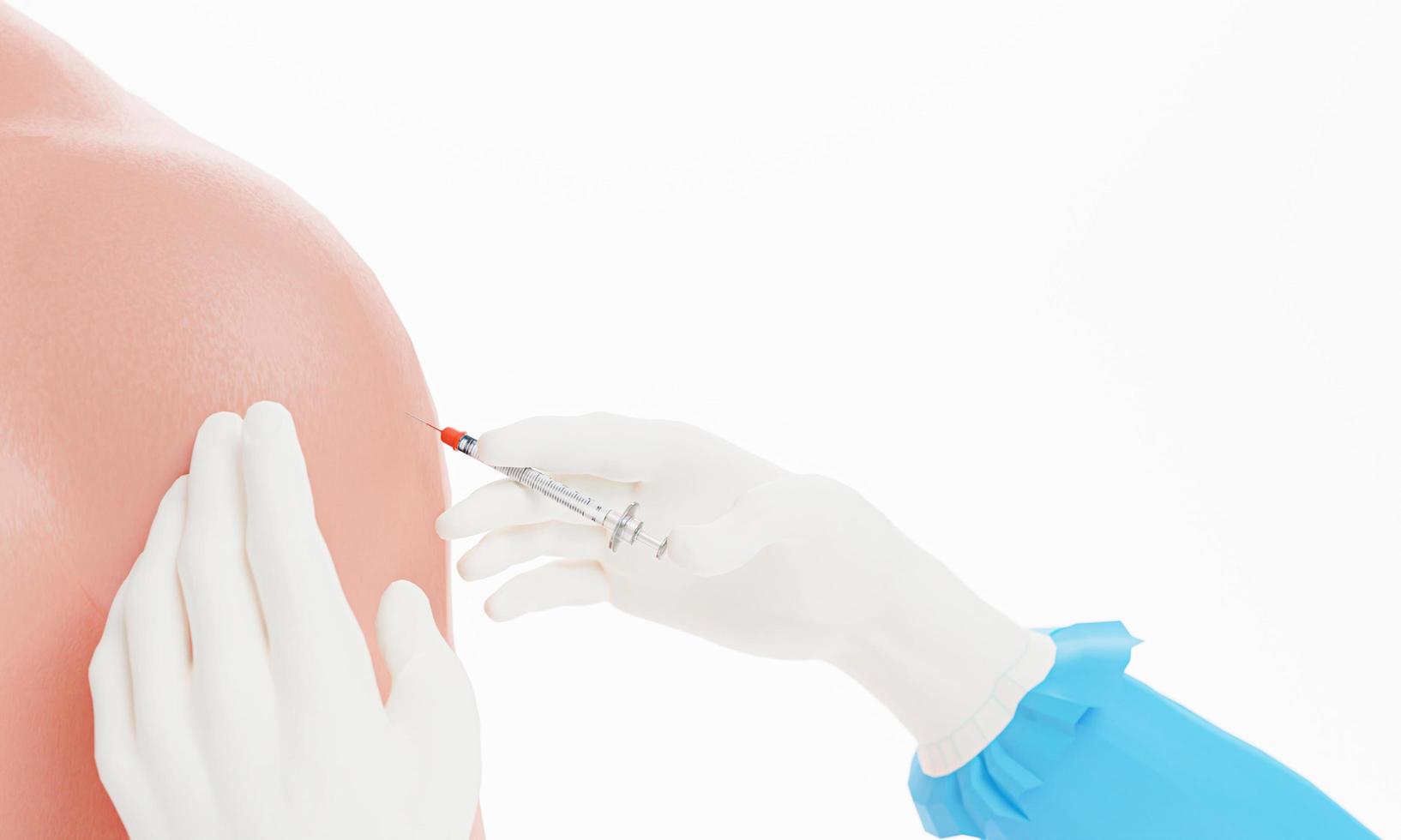 Medical worker in white rubber gloves holds Syringe and Vaccine against Covid-19. Immunity from the global coronavirus With vaccination. Prepare to inject into the shoulder or upper arm. 3D Rendering photo