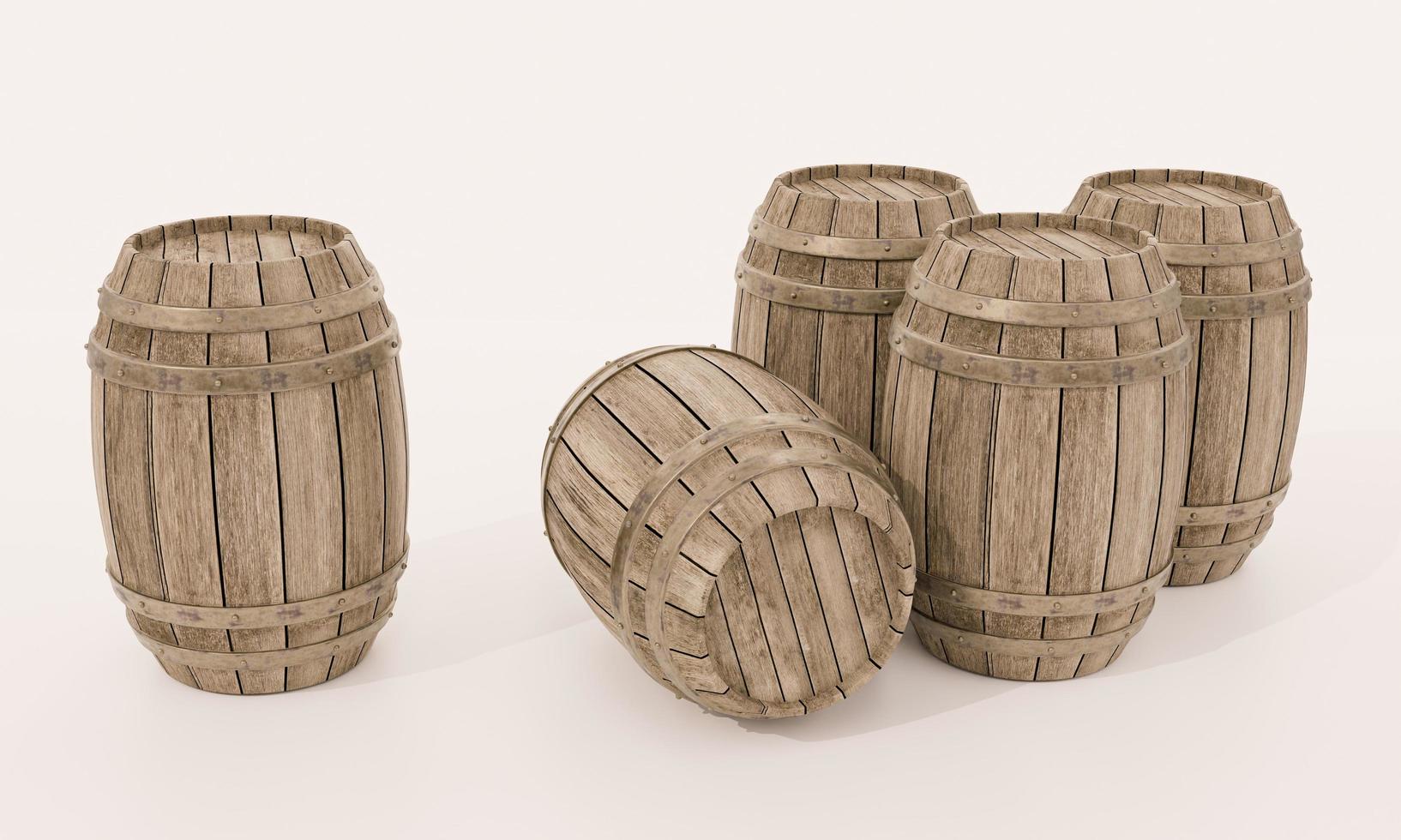 Wooden barrels for wine fermentation There is a metal band for squeezing the body on the floor and a white wallpaper. 3D Rendering. photo